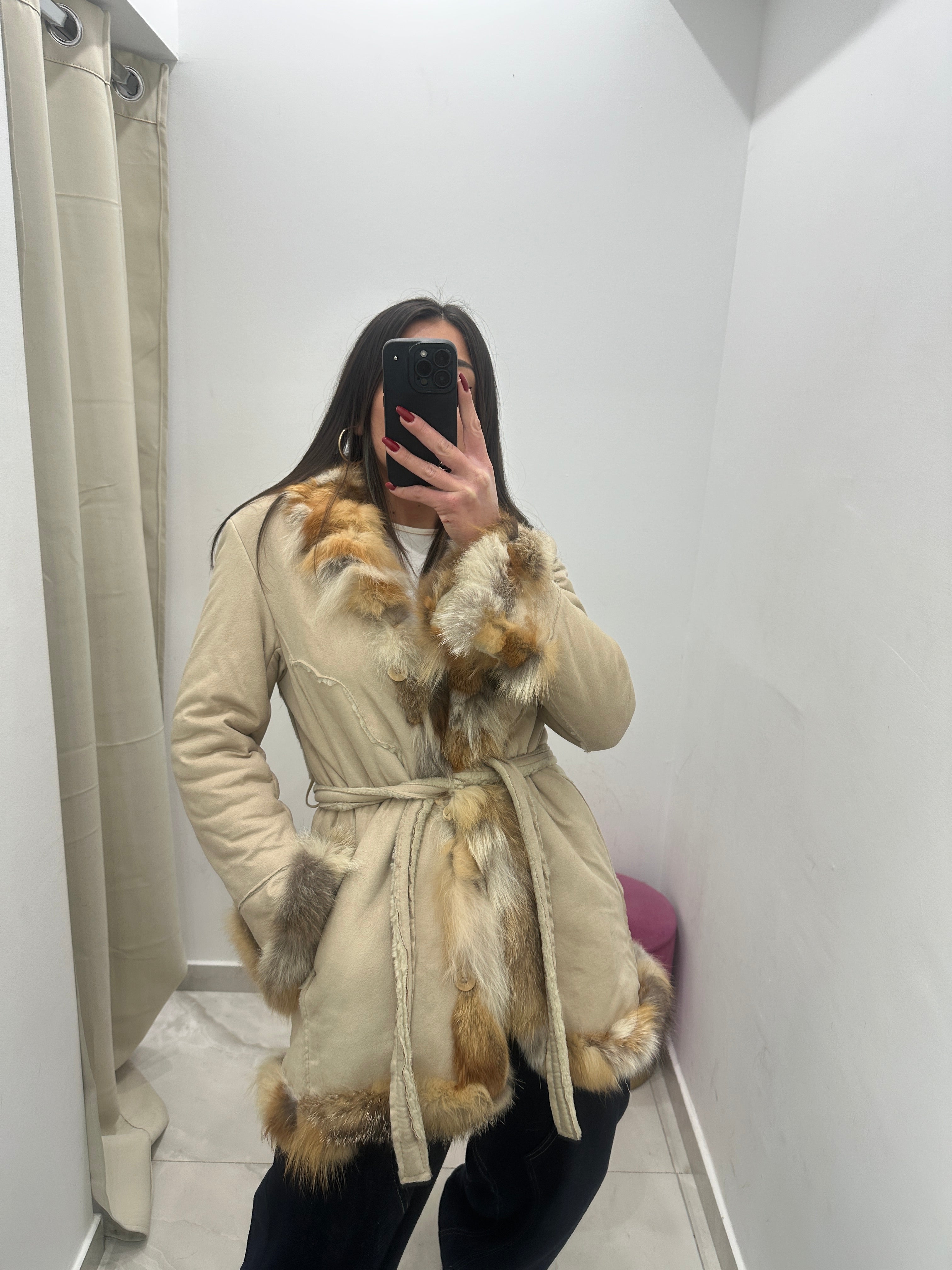 Cappotto con dettagli in pelliccia vera vintage beige
