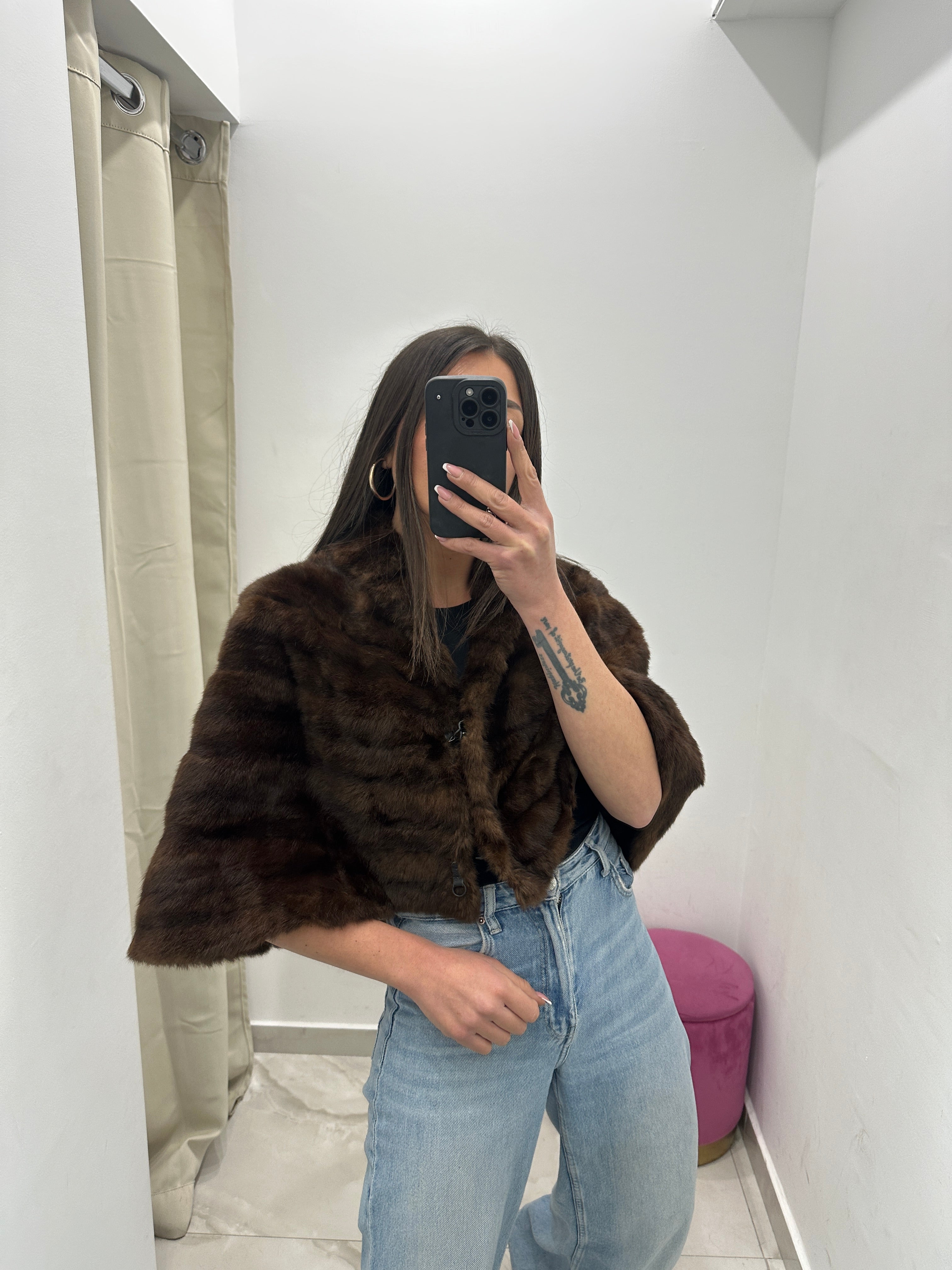 Mantellina di pelliccia vera vintage marrone