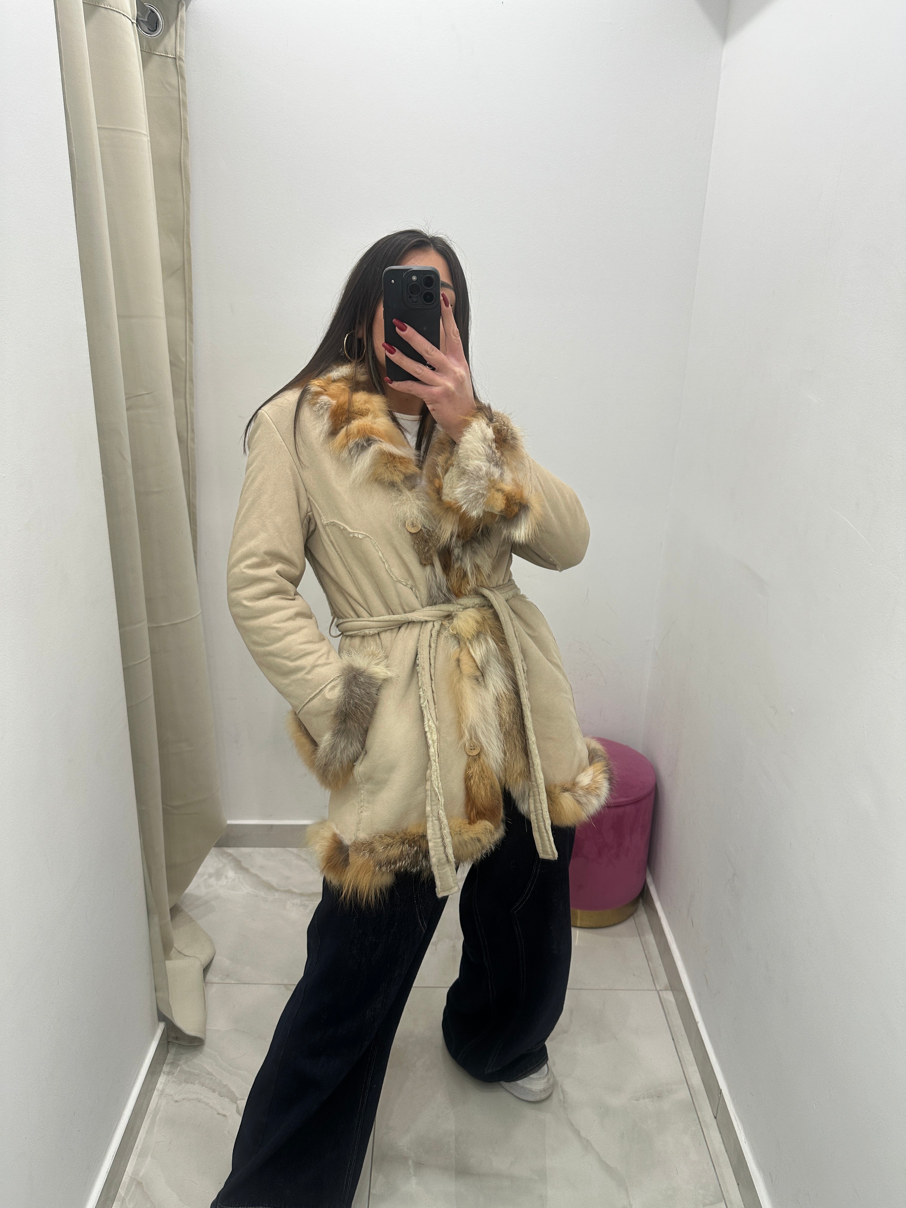 Cappotto con dettagli in pelliccia vera vintage beige