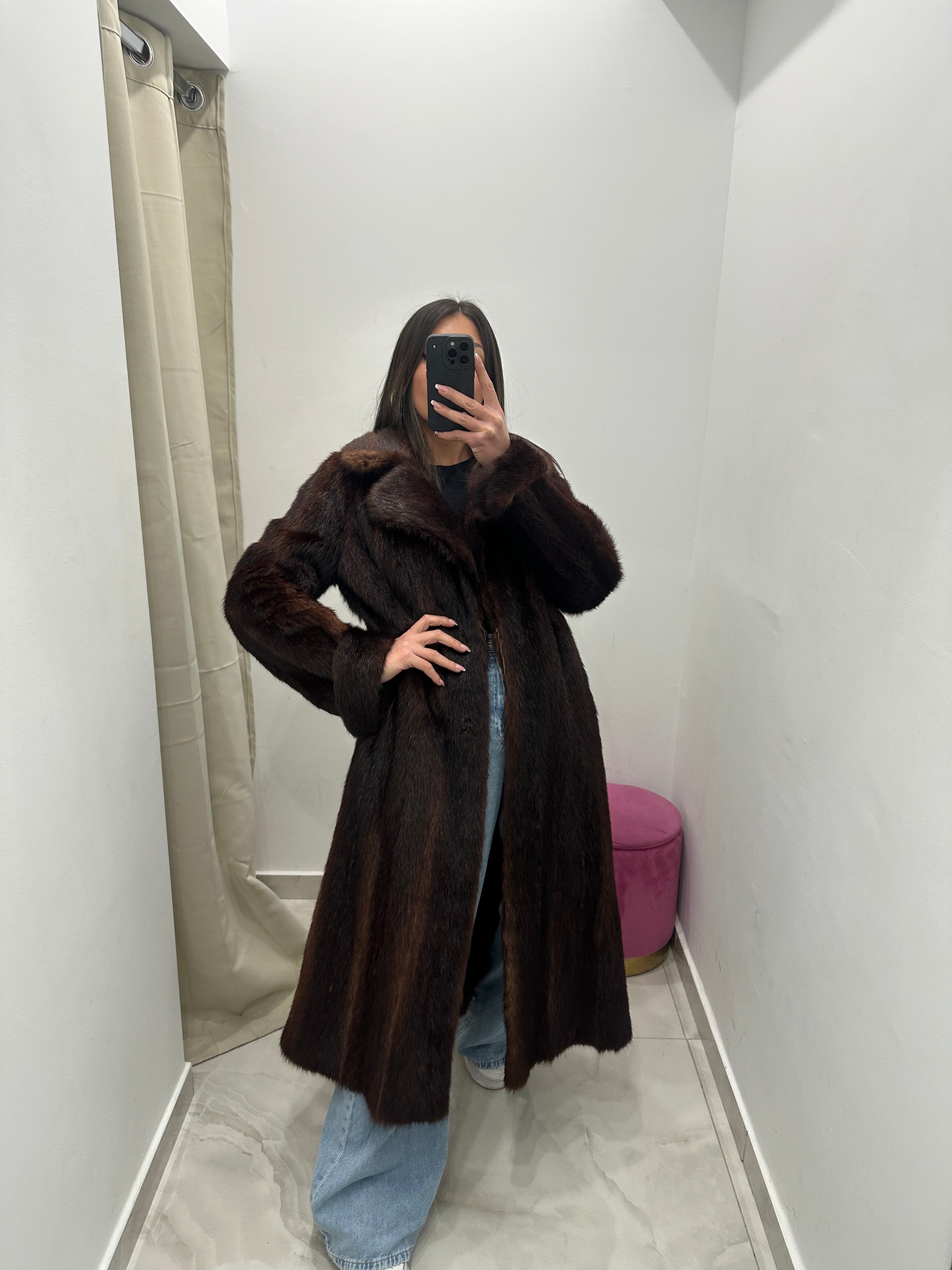 Pelliccia vera vintage marrone lunga