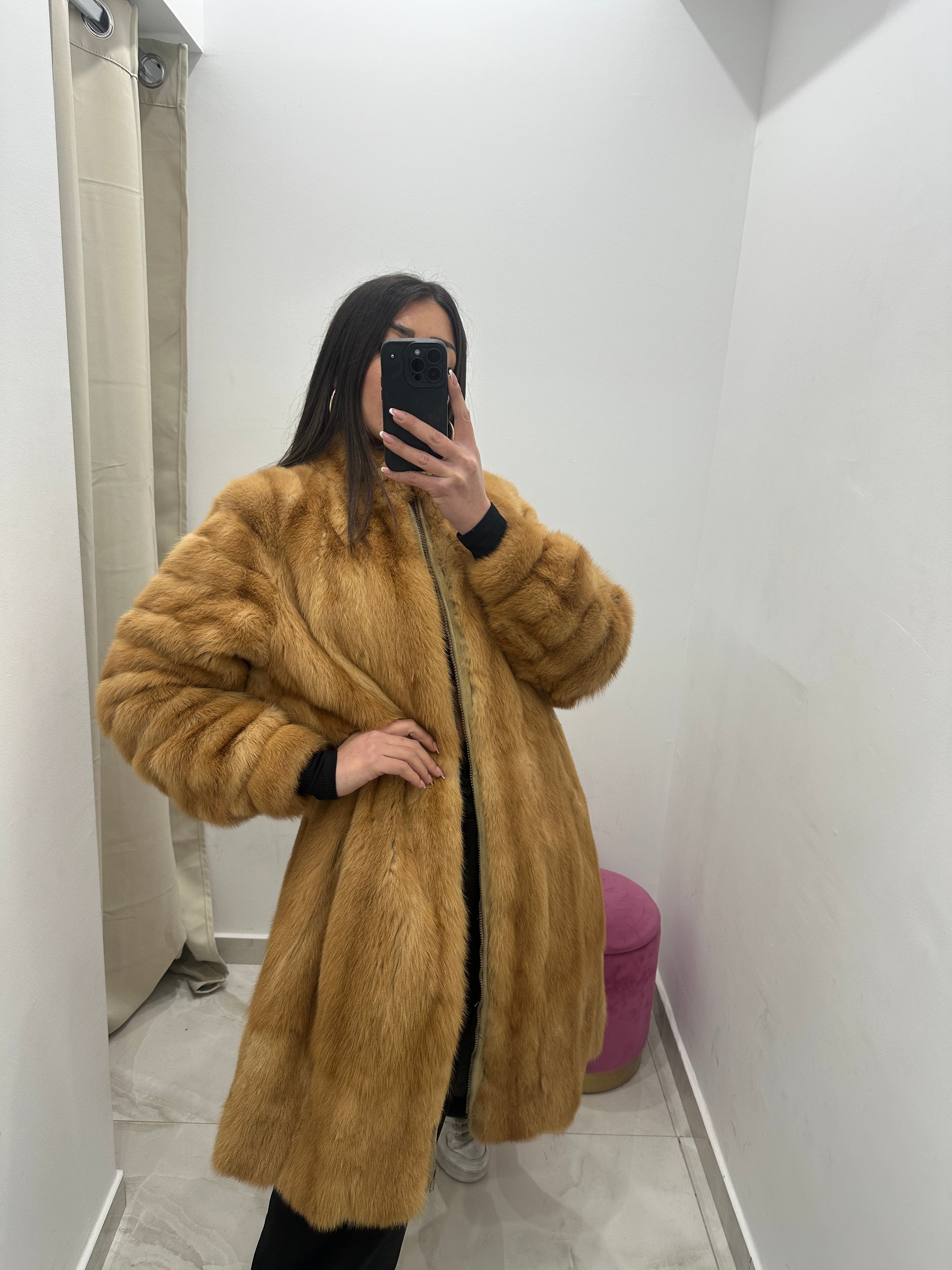 Pelliccia vera vintage miele lunga