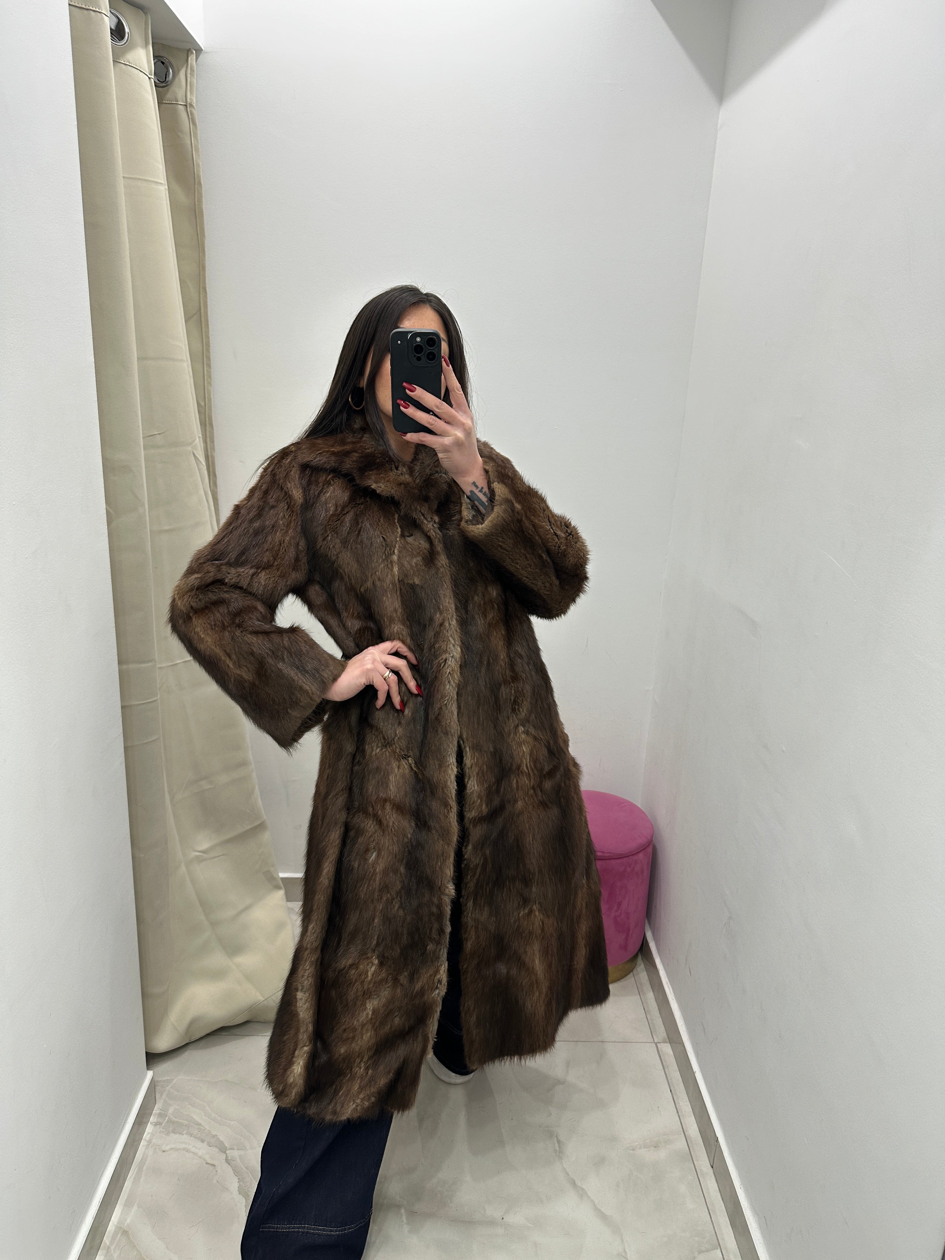 Pelliccia vera vintage marrone chiaro lunga