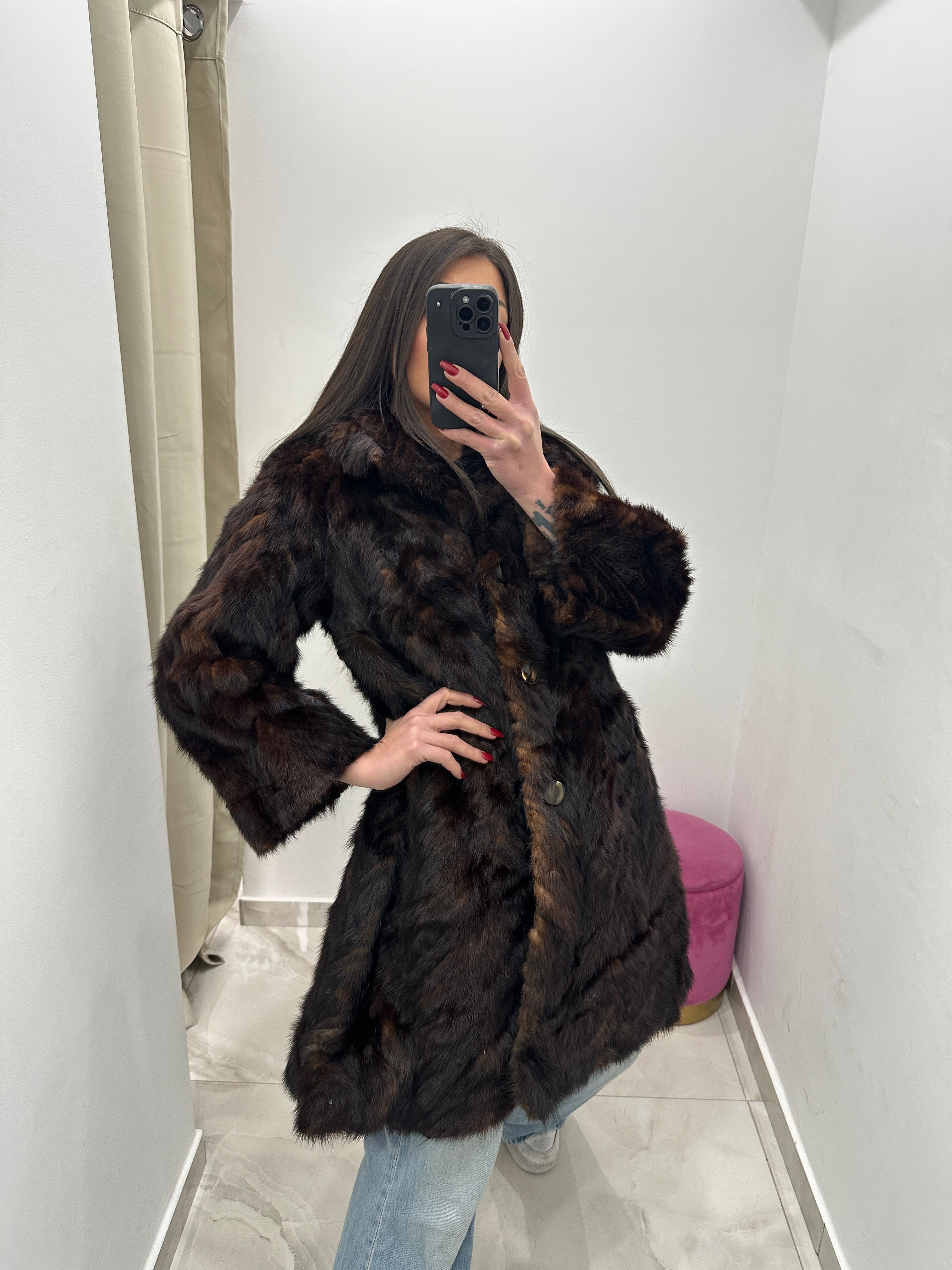 Pelliccia vera vintage marrone di codine di visone
