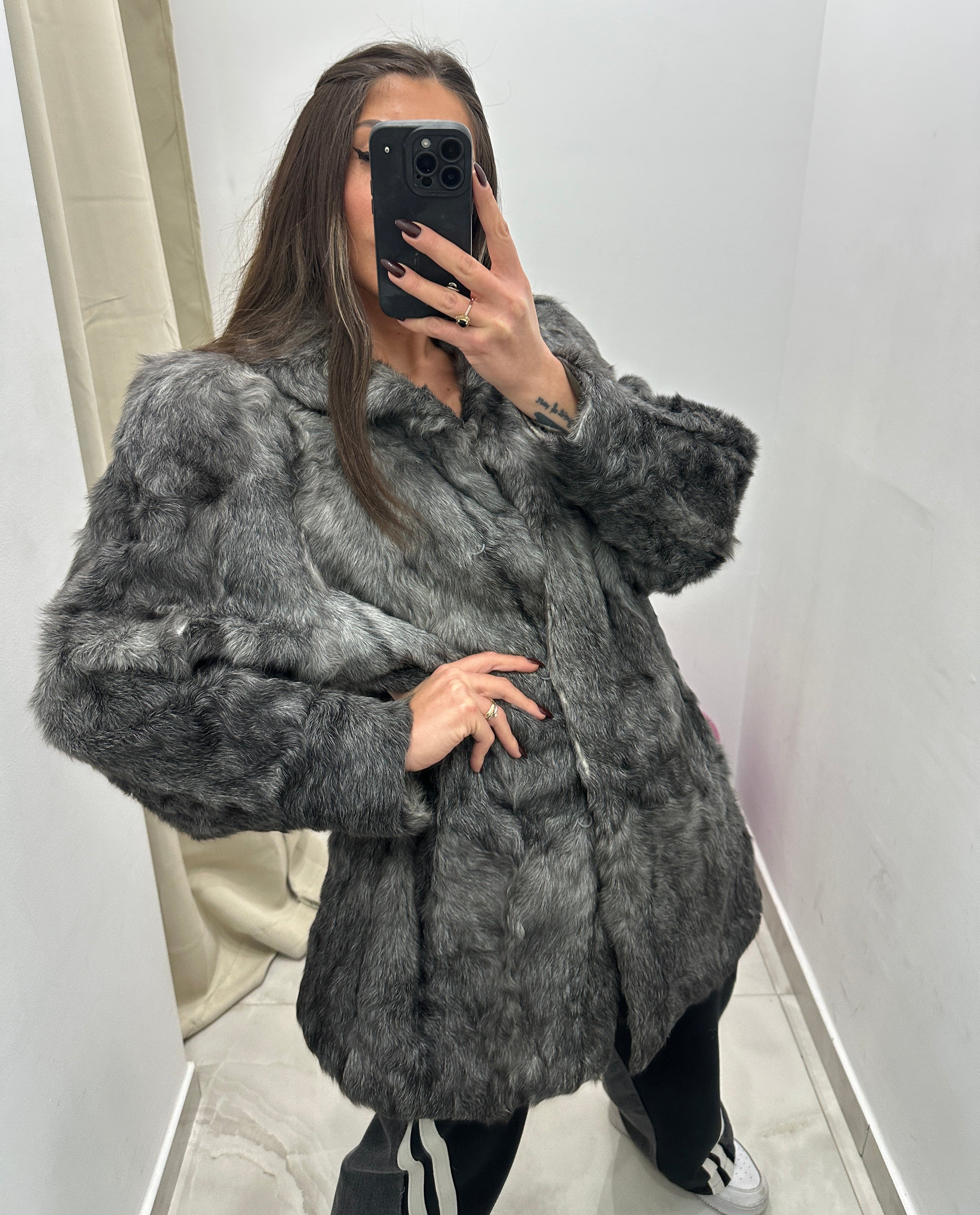 Pelliccia vera vintage grigio scuro