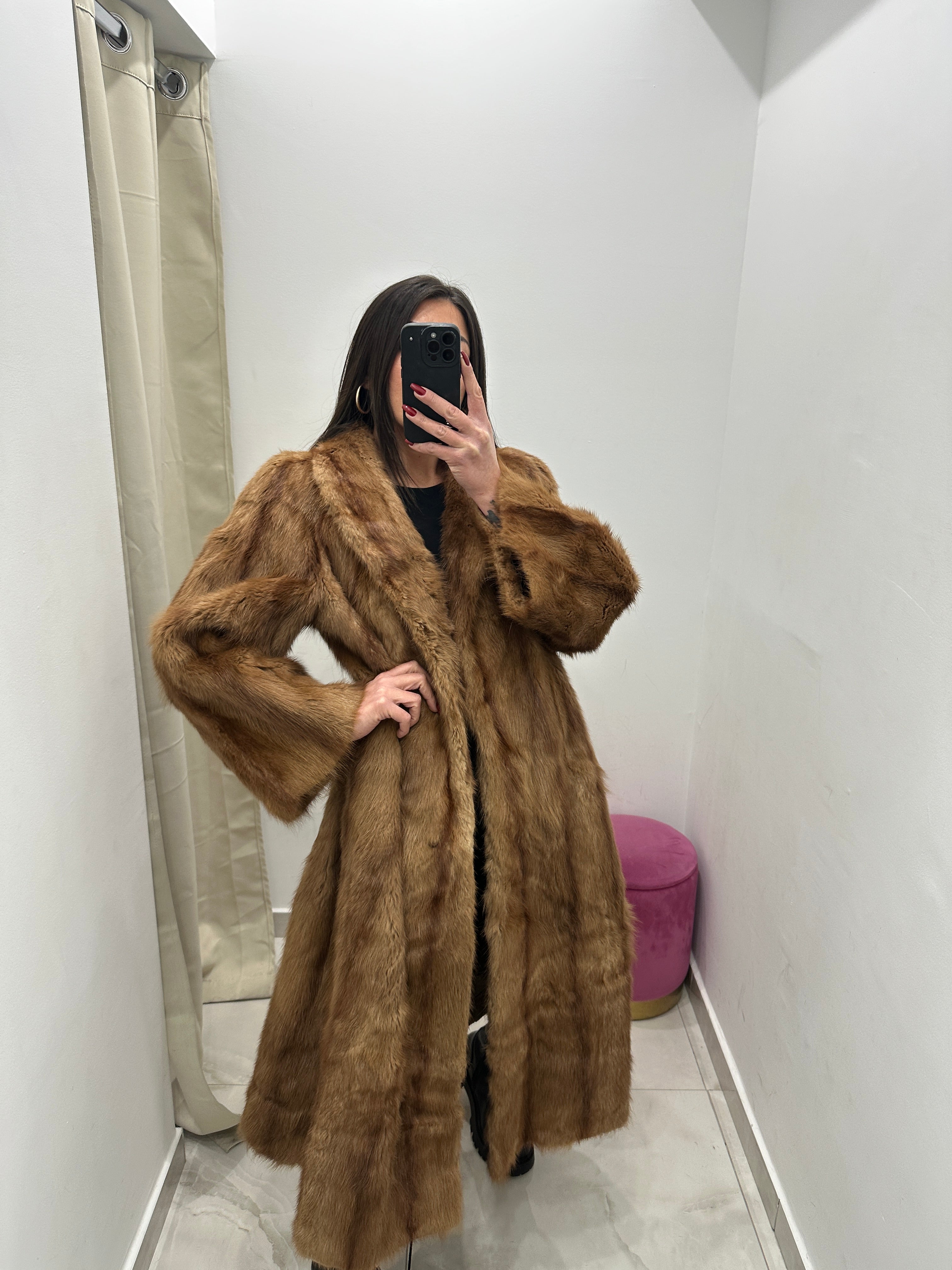 Pelliccia vera vintage miele lunga