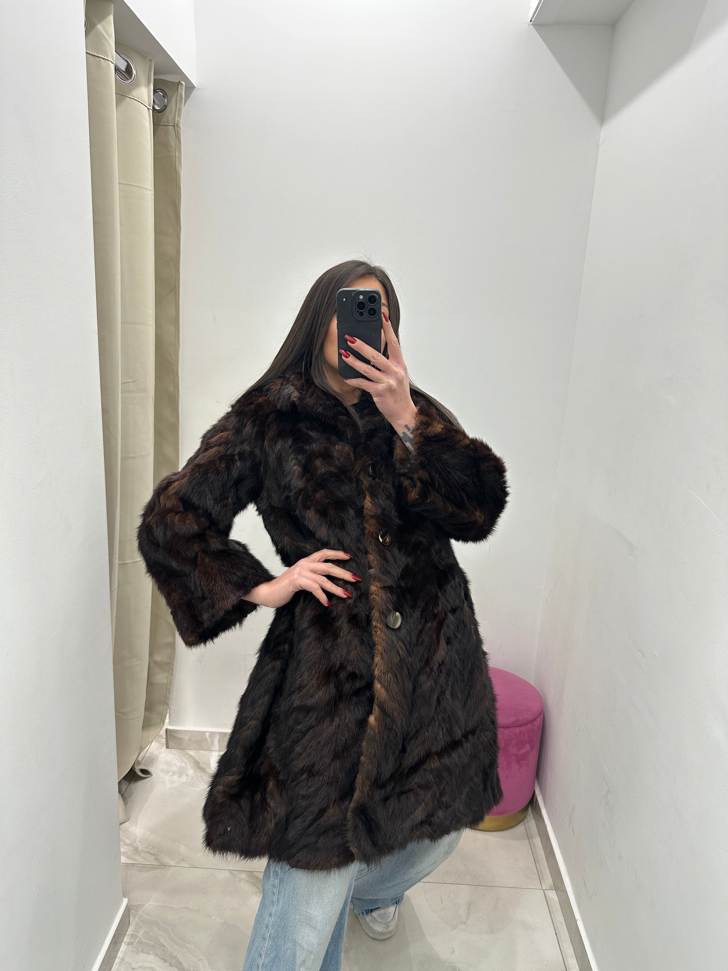 Pelliccia vera vintage marrone di codine di visone