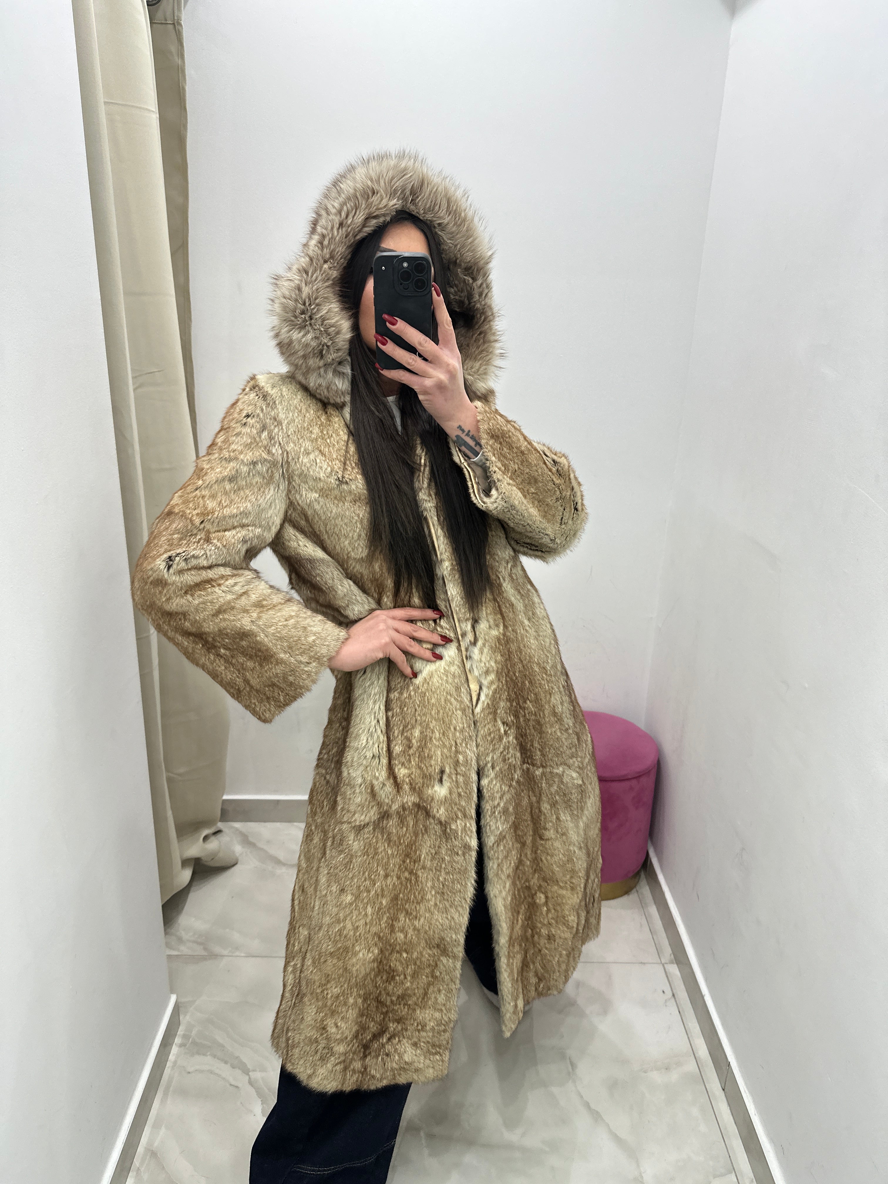Pelliccia vera vintage beige lunga