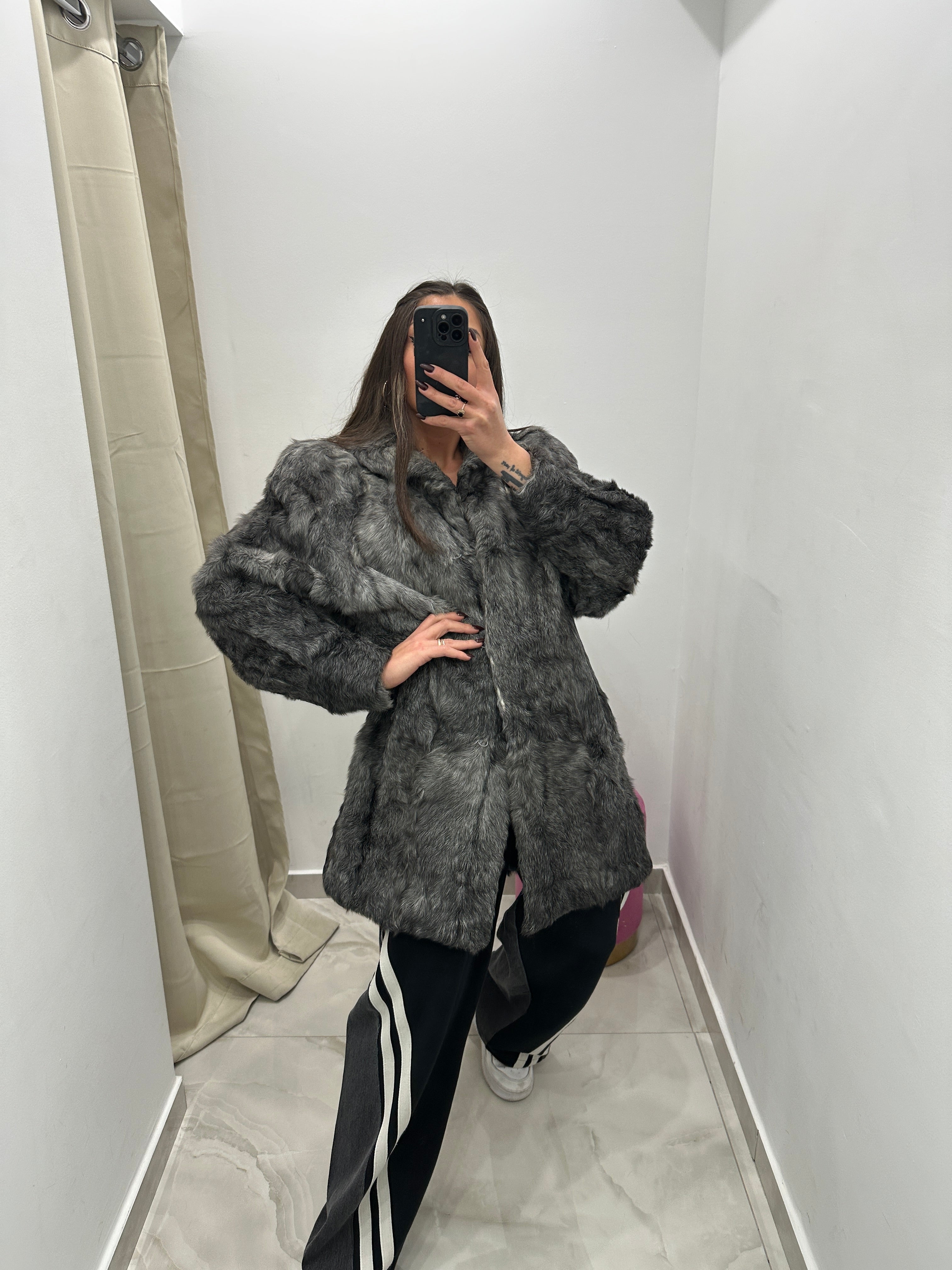 Pelliccia vera vintage grigio scuro