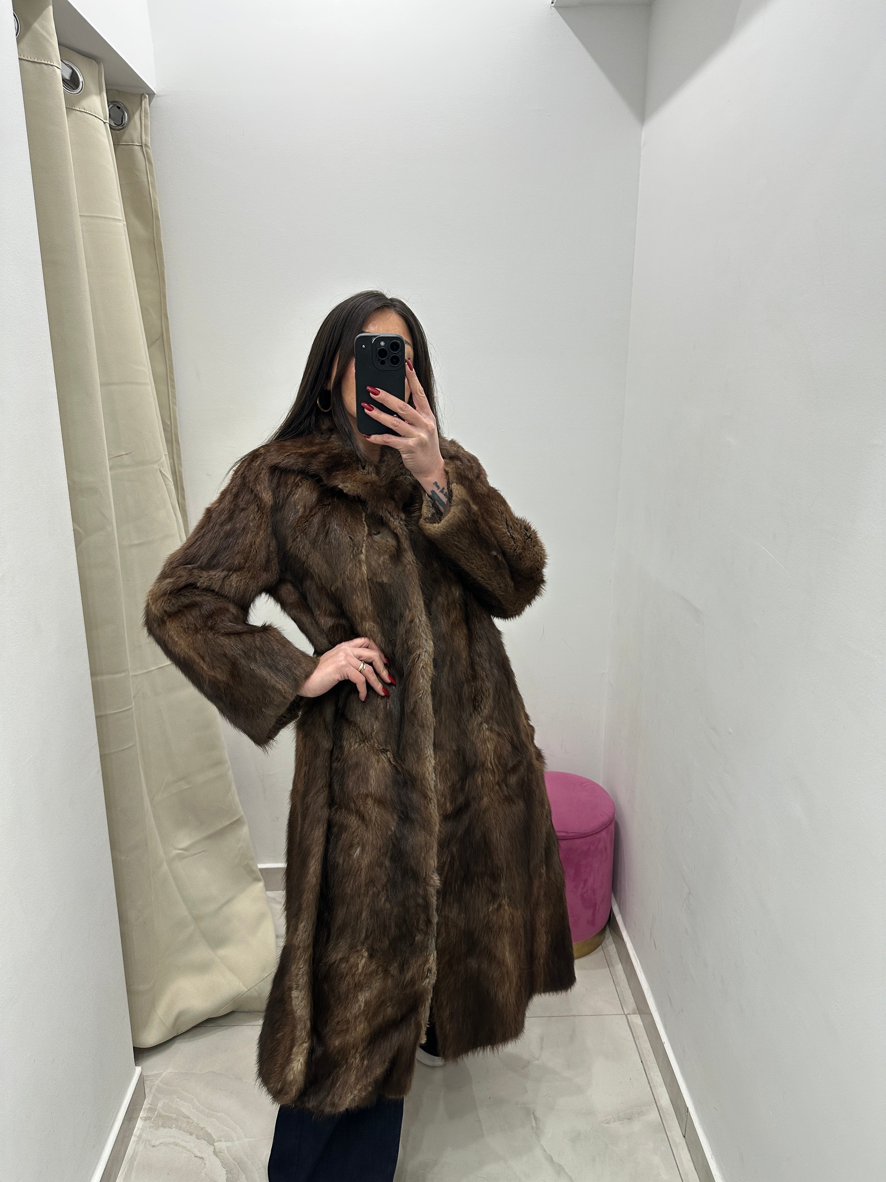 Pelliccia vera vintage marrone chiaro lunga
