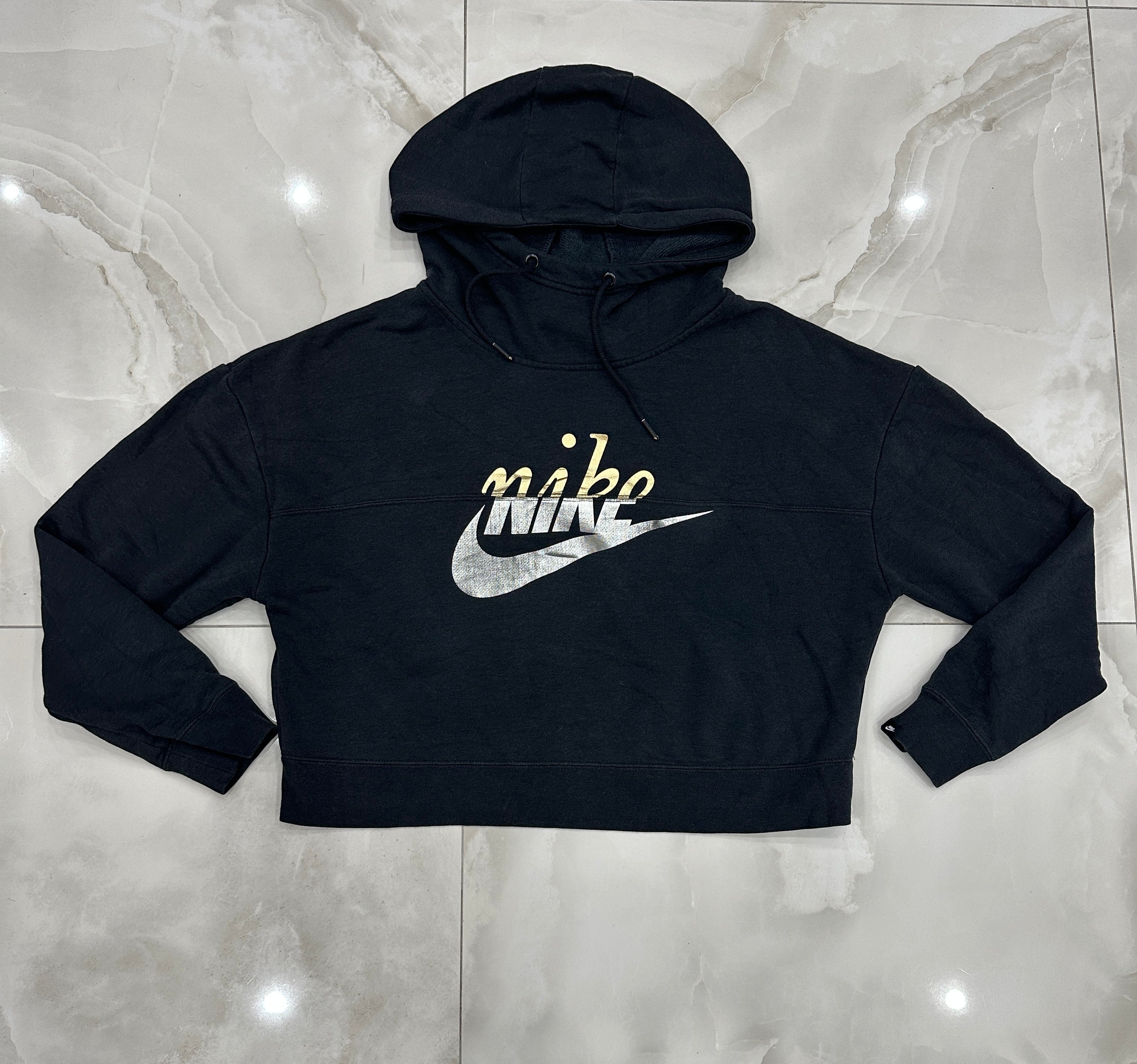 Felpa vintage nera crop con cappuccio