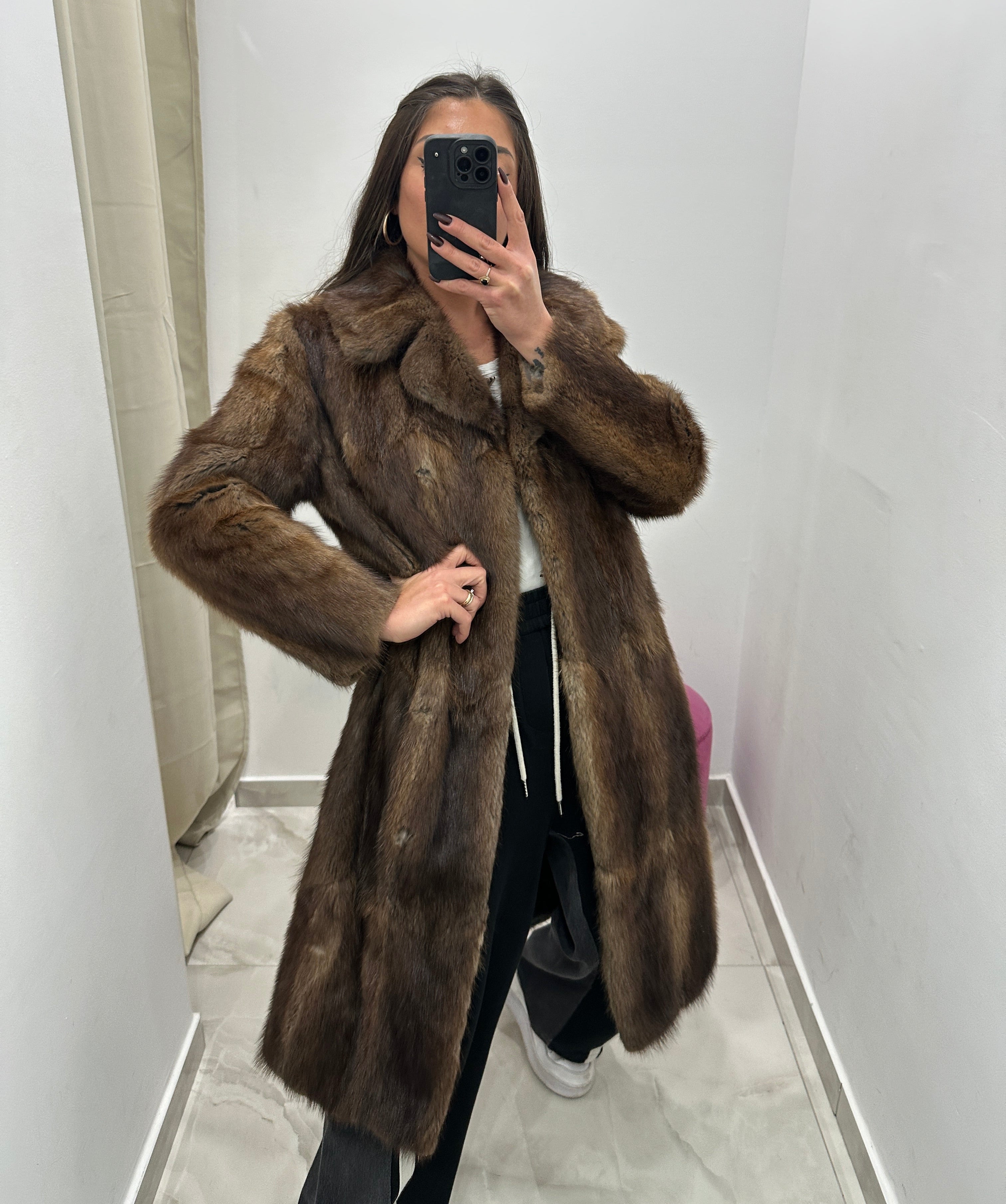 Pelliccia vera vintage lunga marrone con sfumature