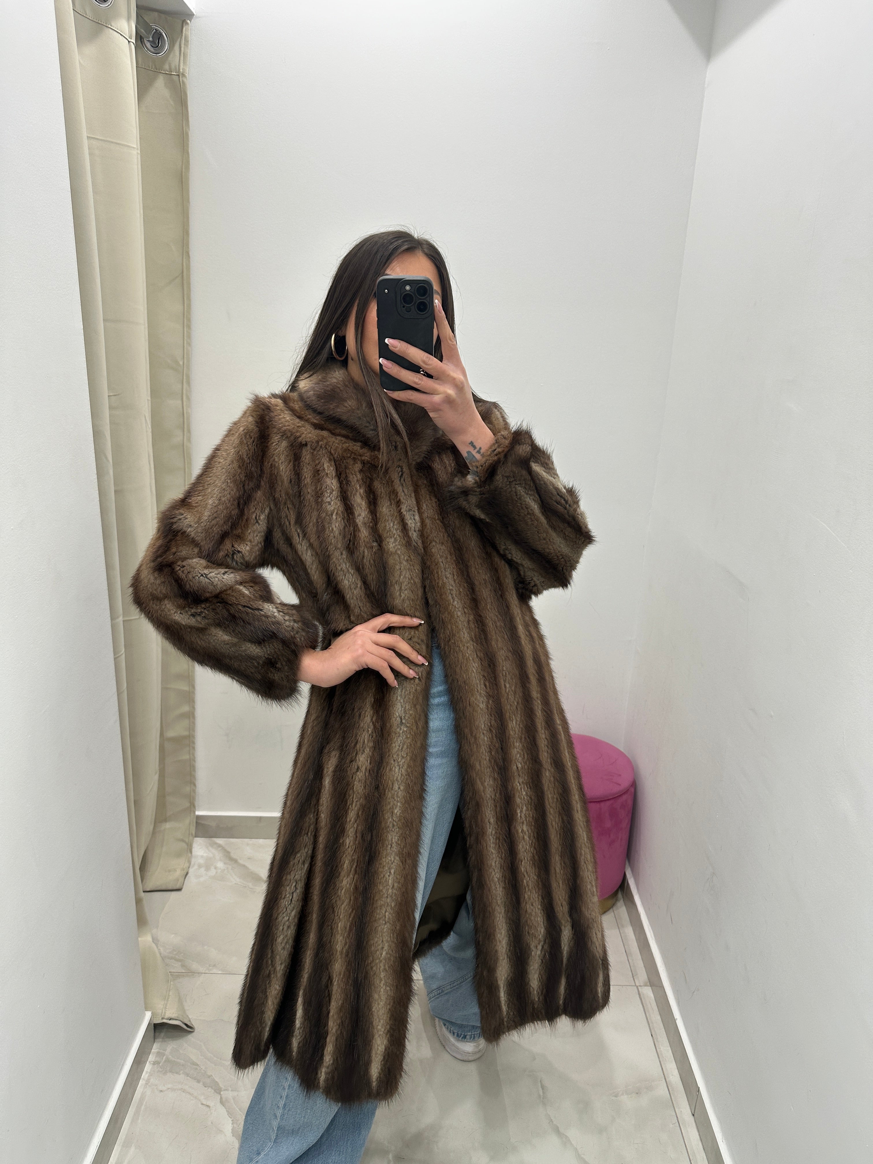 Pelliccia vera vintage bicolor a strisce