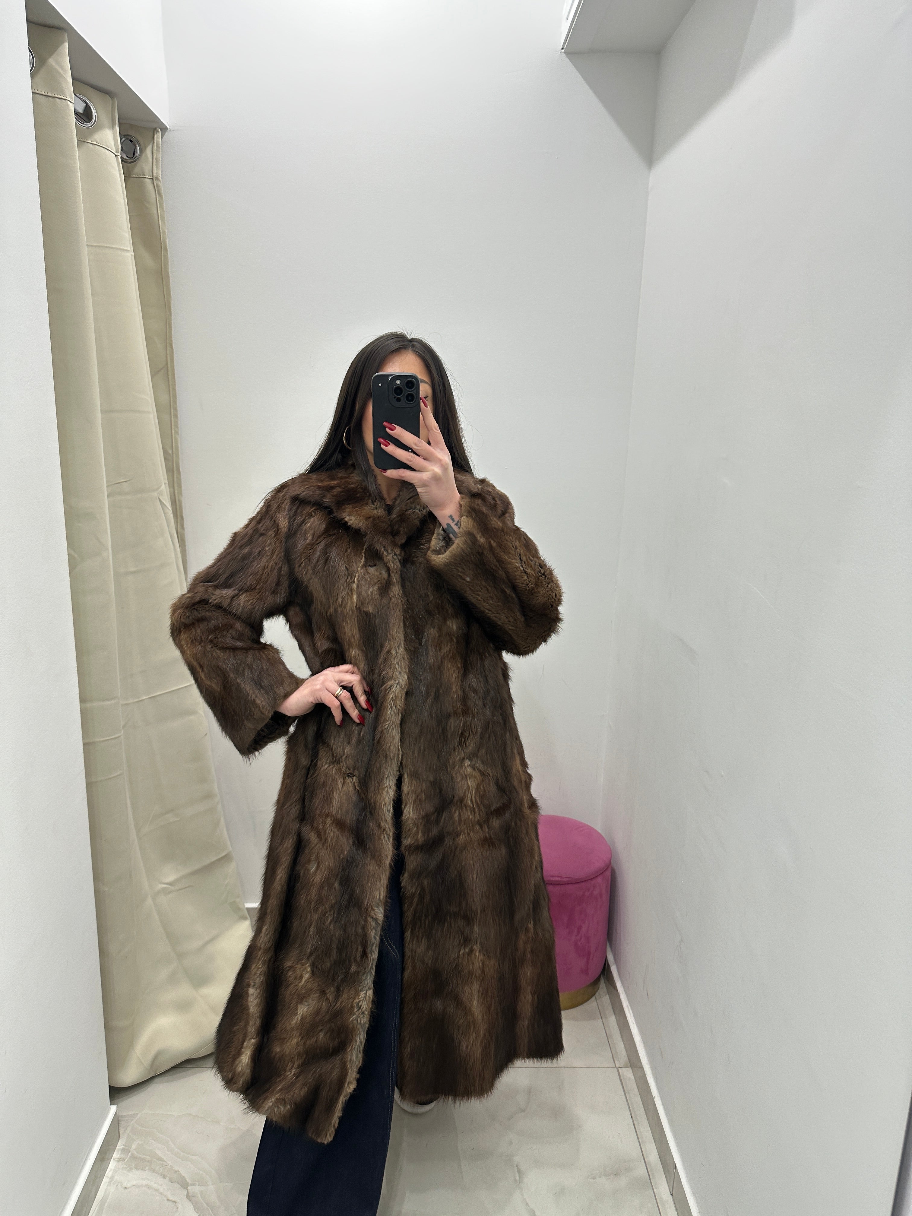 Pelliccia vera vintage marrone chiaro lunga
