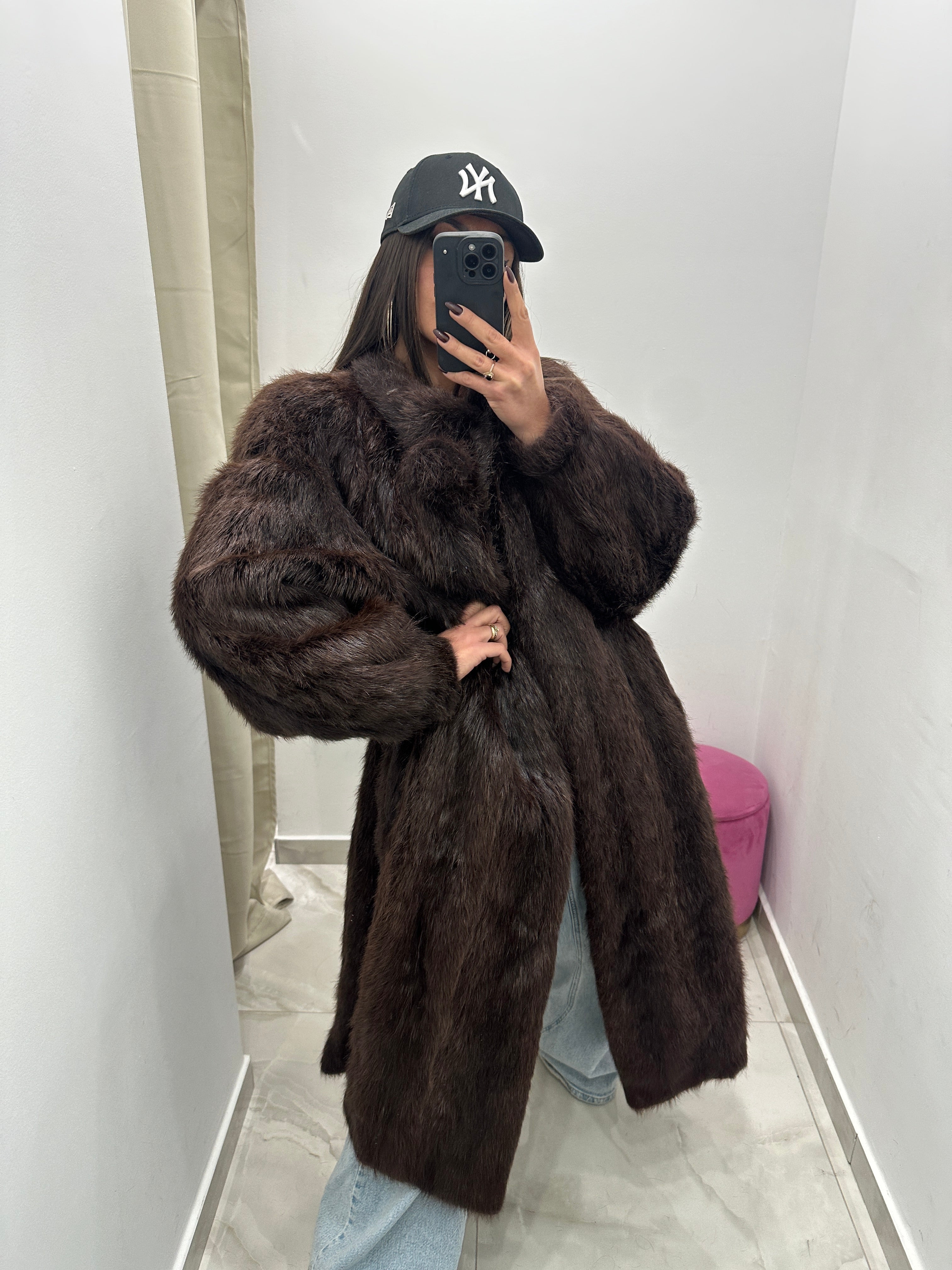 Pelliccia vera vintage marrone scuro lunga