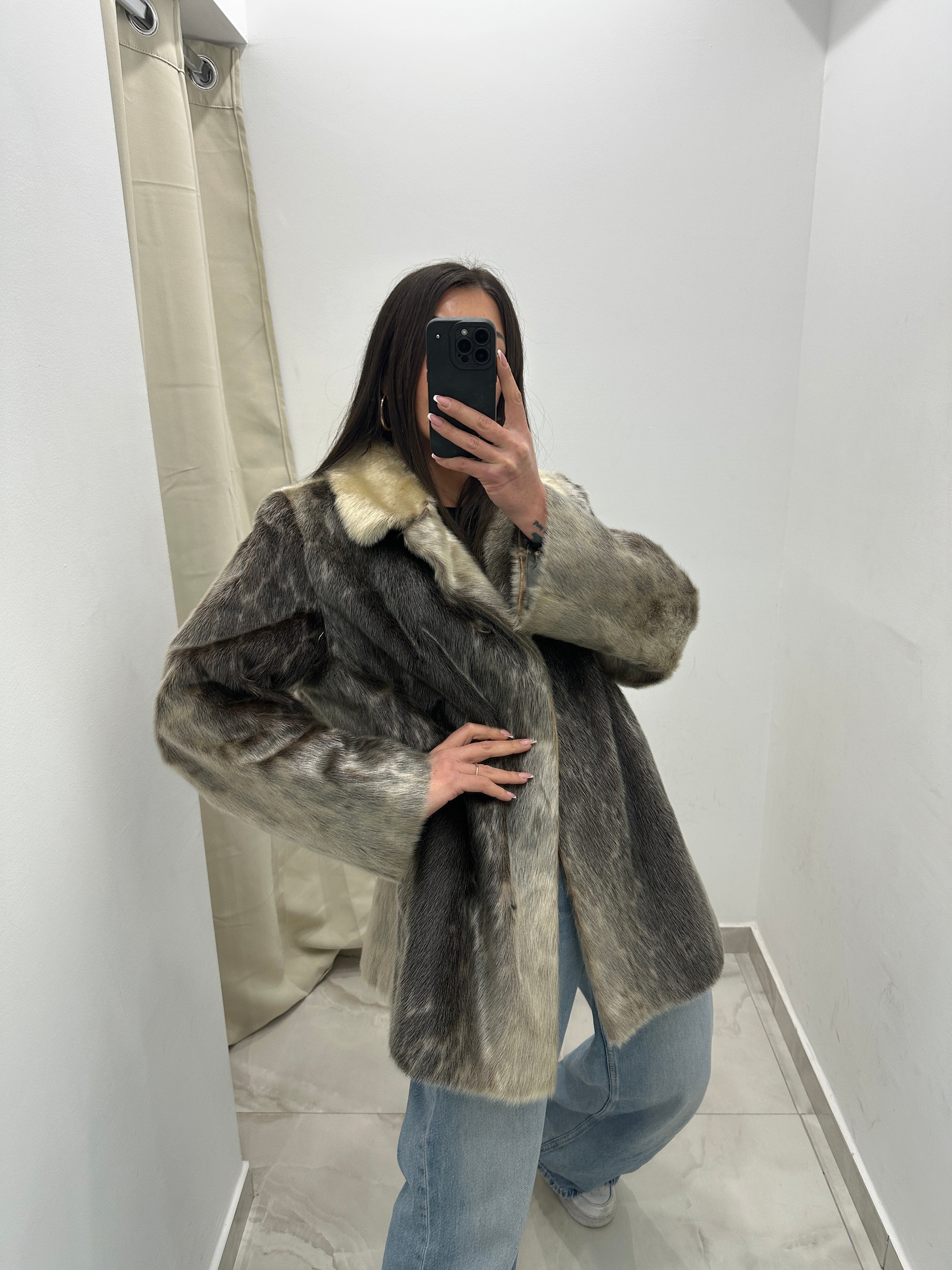 Pelliccia vera vintage animalier grigio ghiaccio