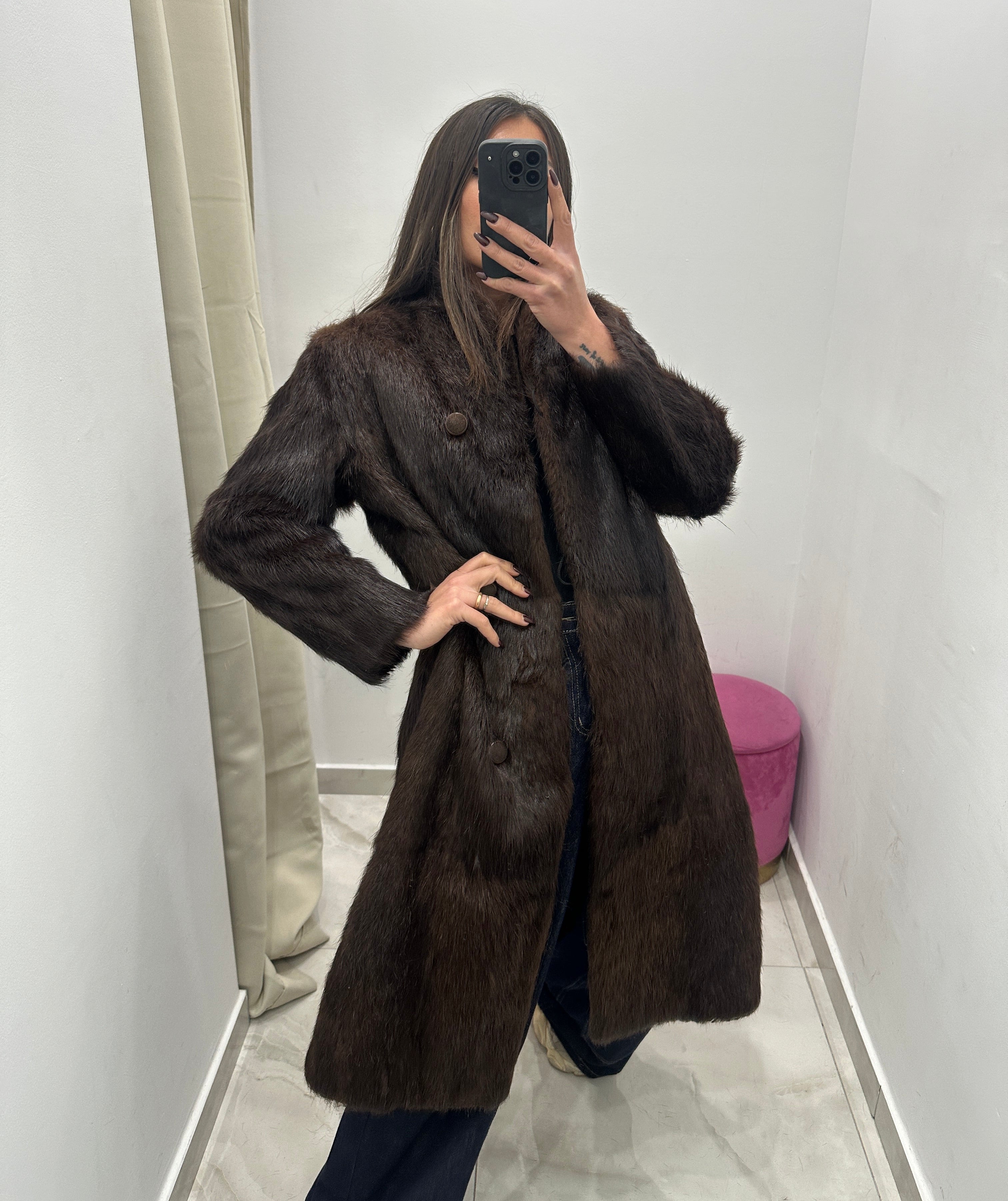 Pelliccia vera vintage marrone lunga