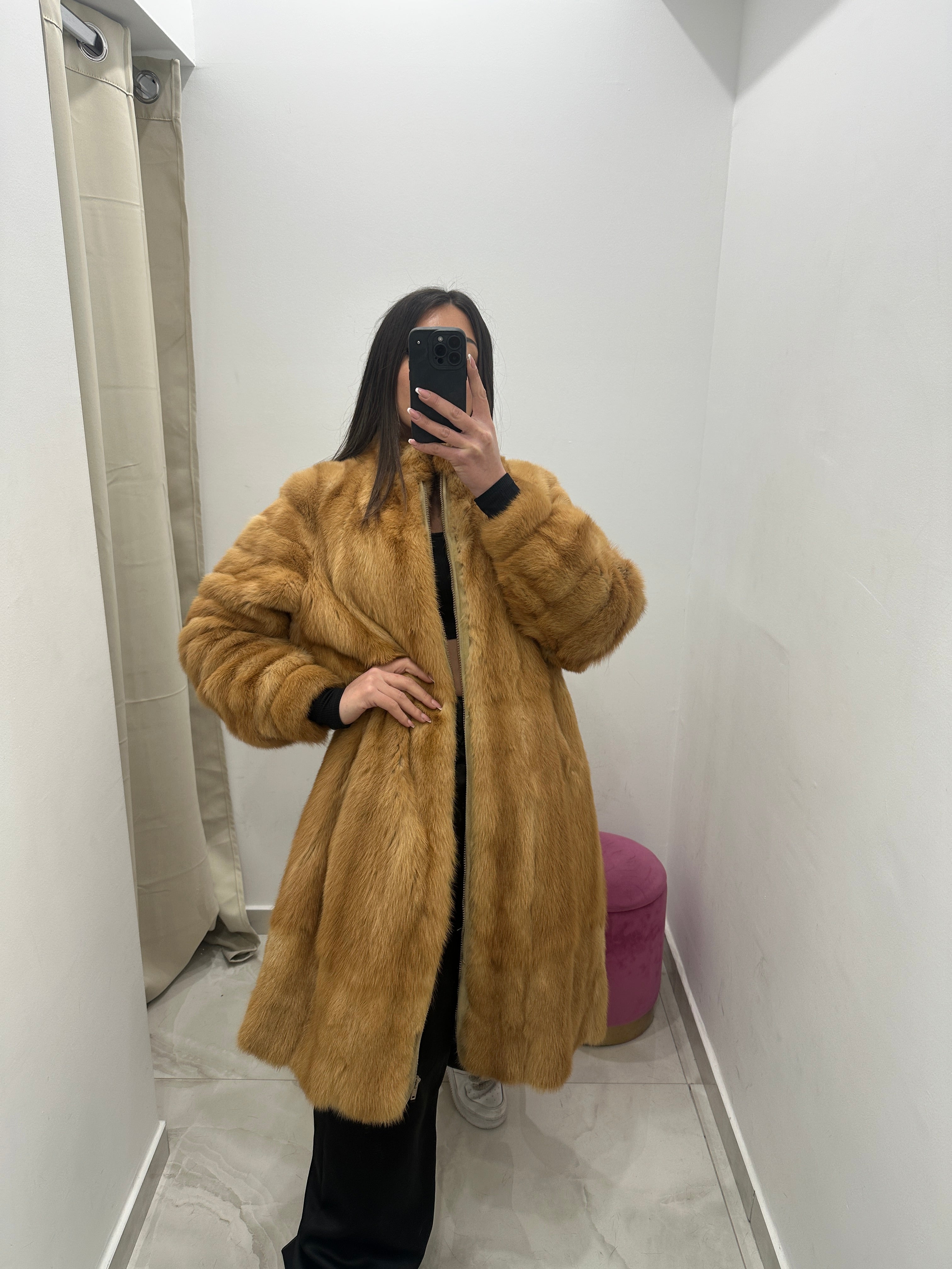 Pelliccia vera vintage miele lunga