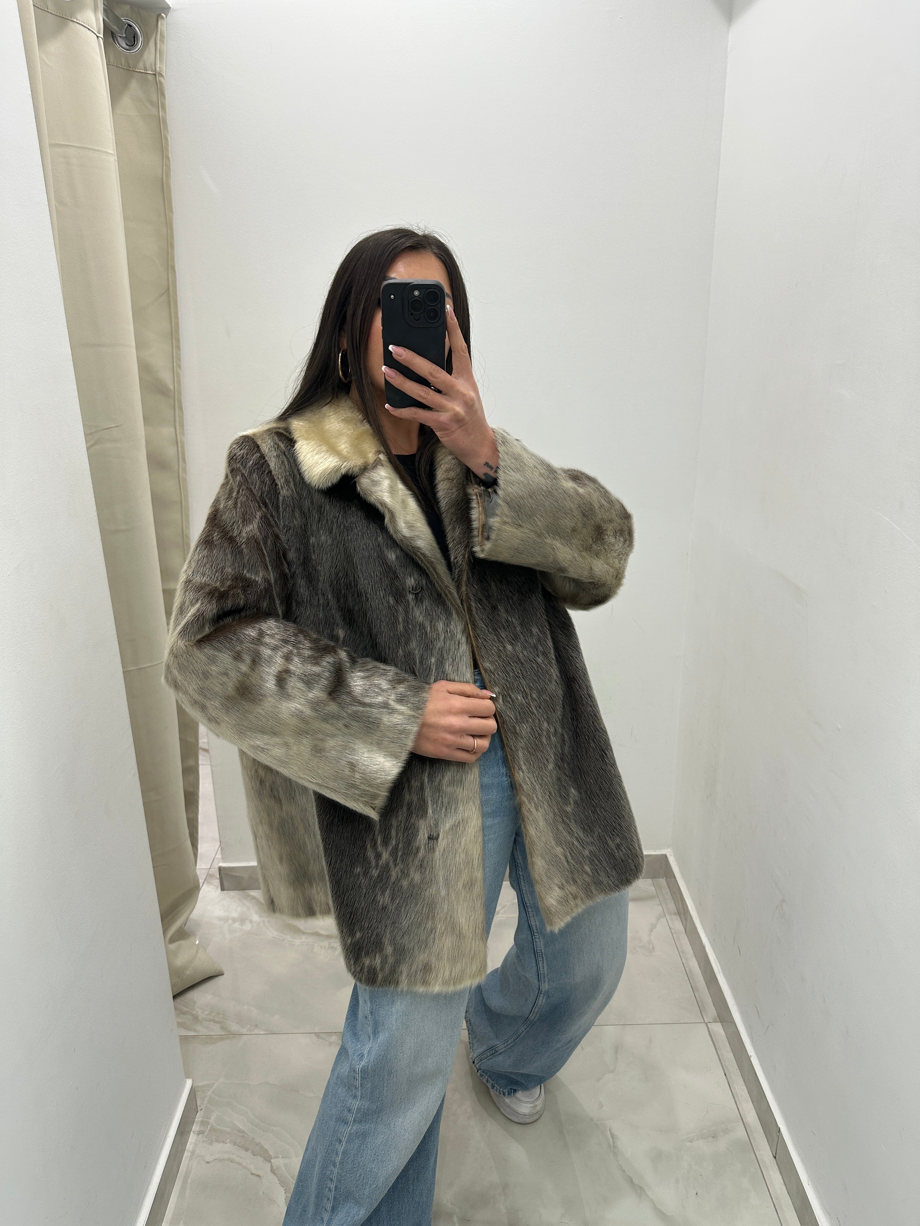 Pelliccia vera vintage animalier grigio ghiaccio