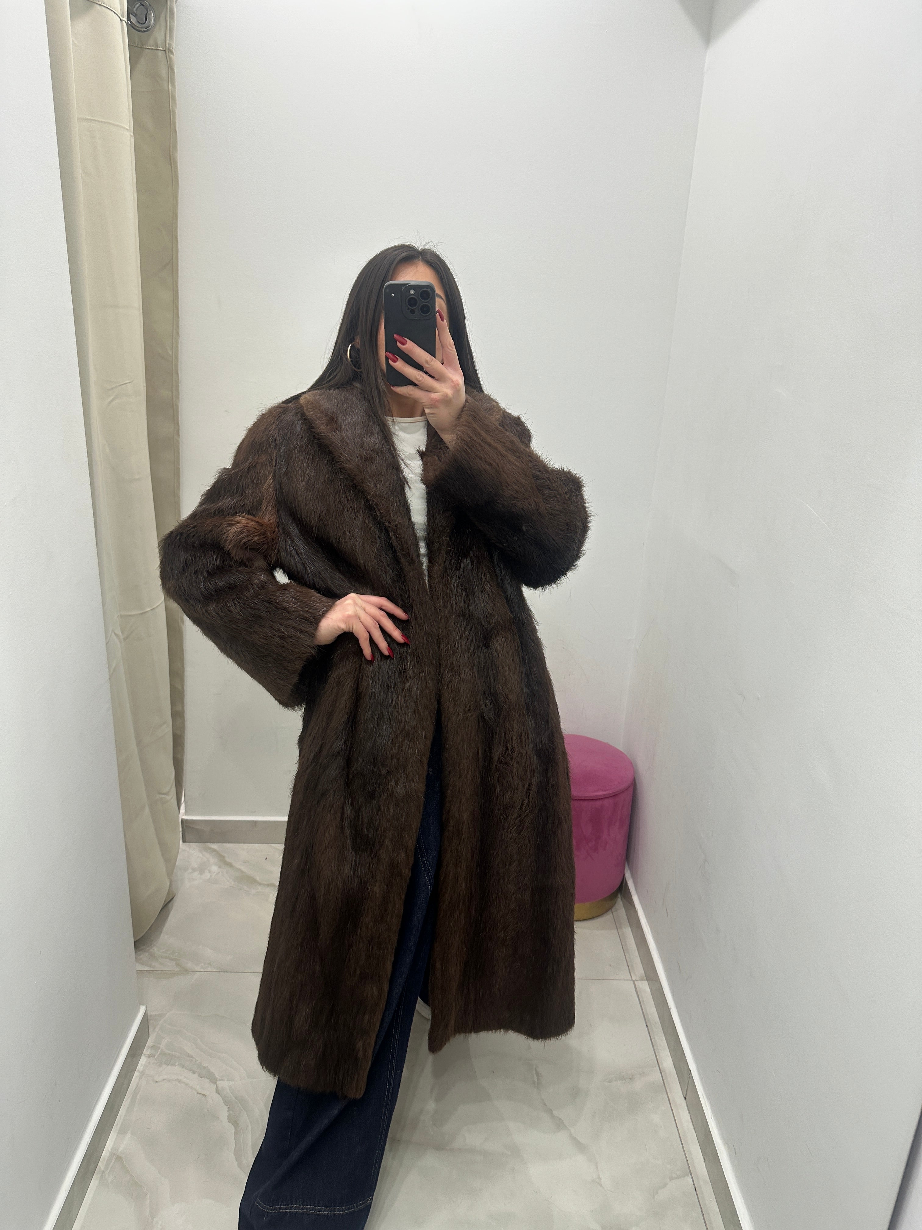 Pelliccia vera vintage marrone lunga