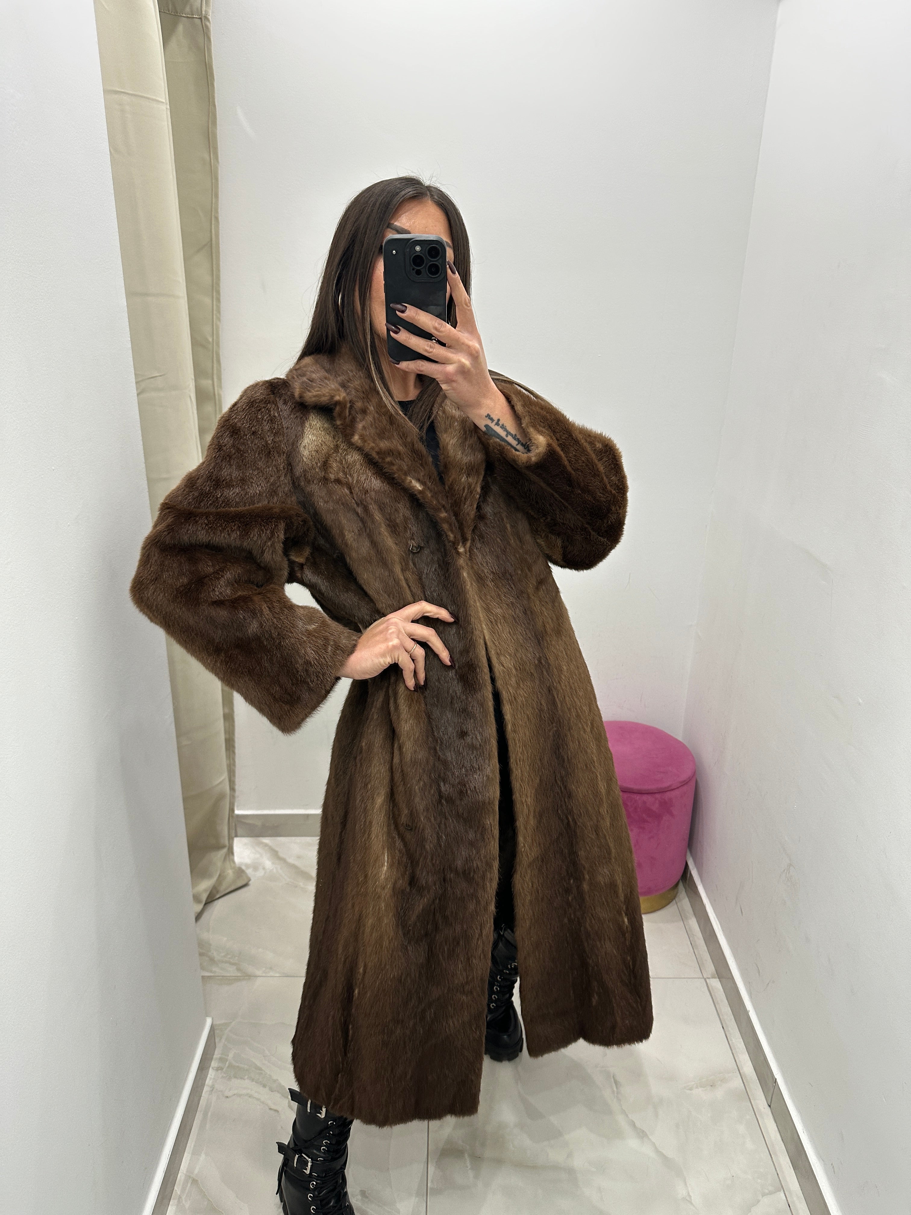 Pelliccia vera vintage marrone lunga