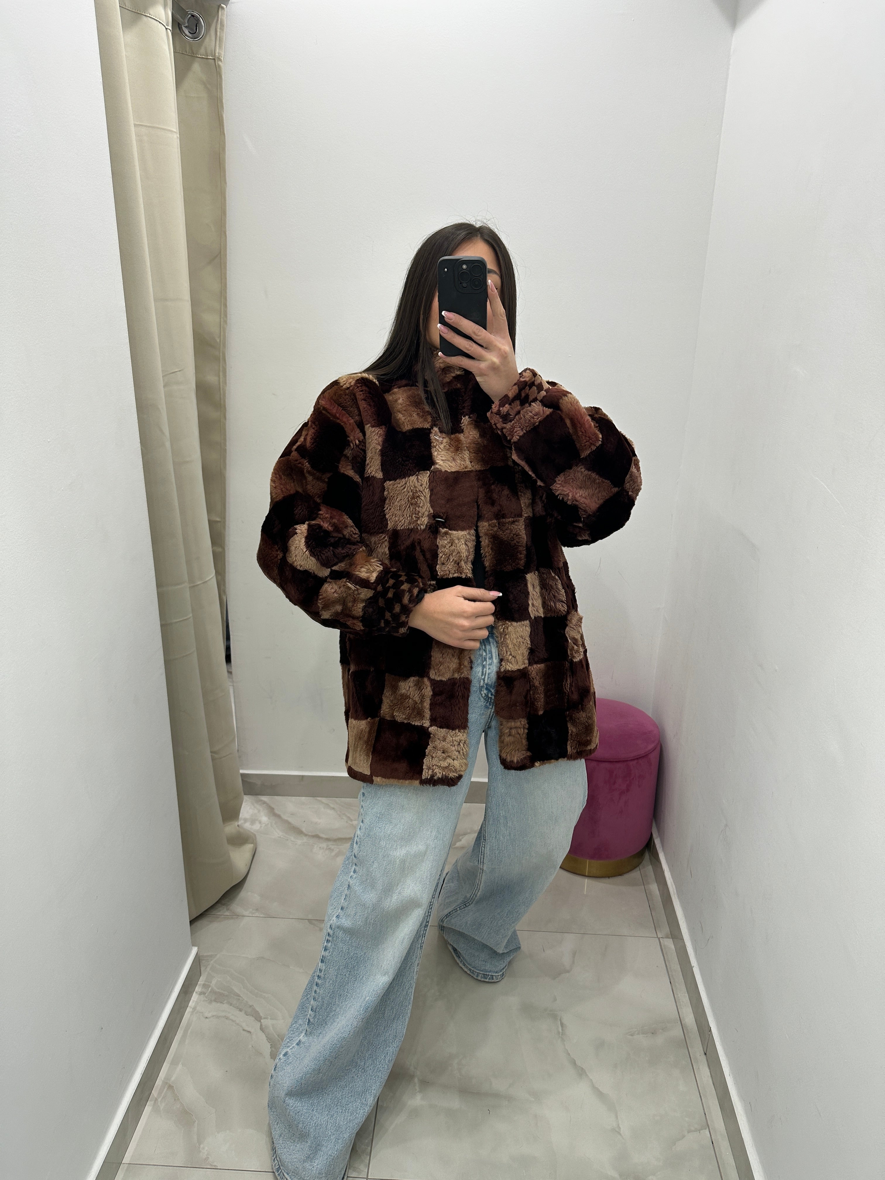 Pelliccia vera vintage in promo a scacchi rosè