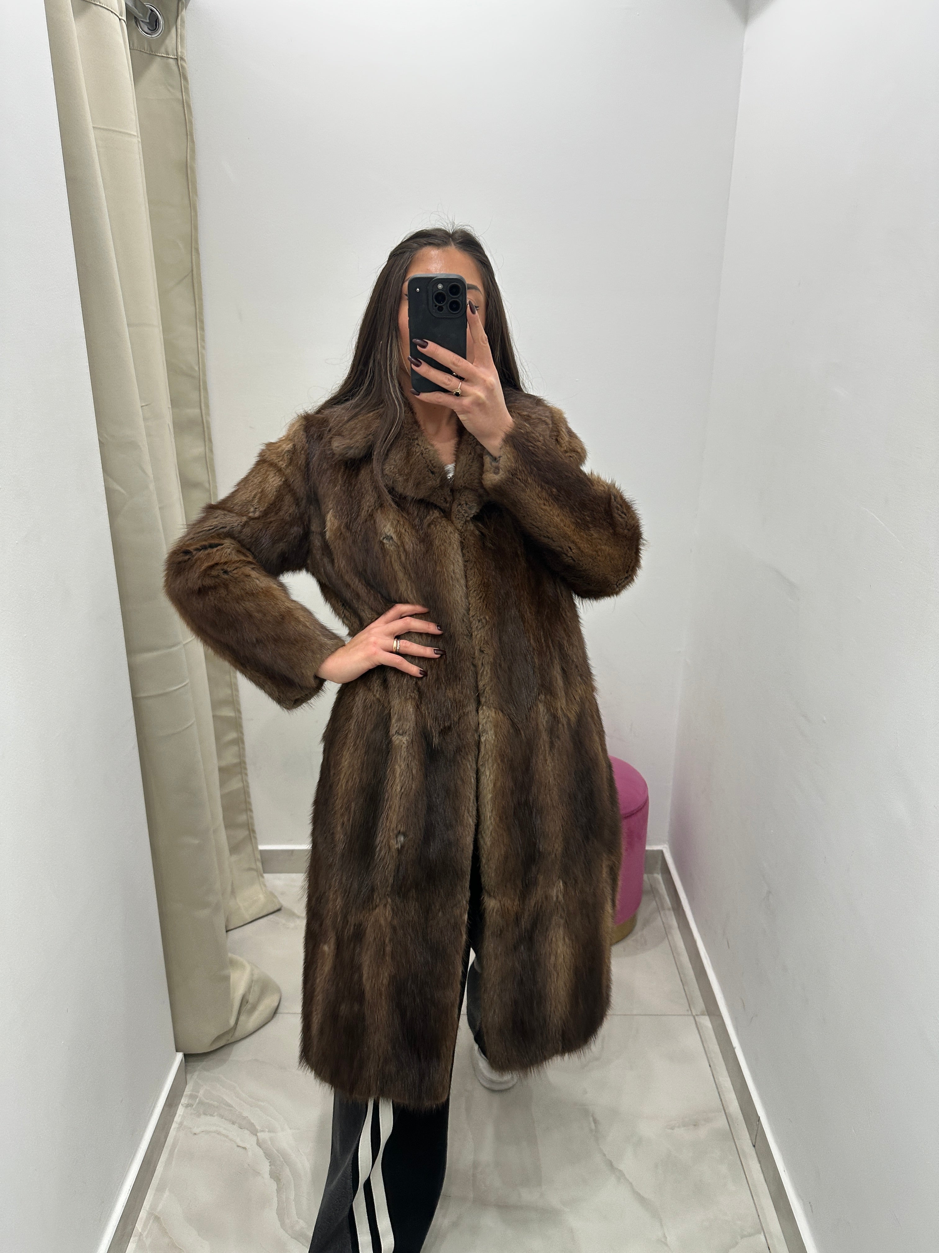 Pelliccia vera vintage lunga marrone con sfumature