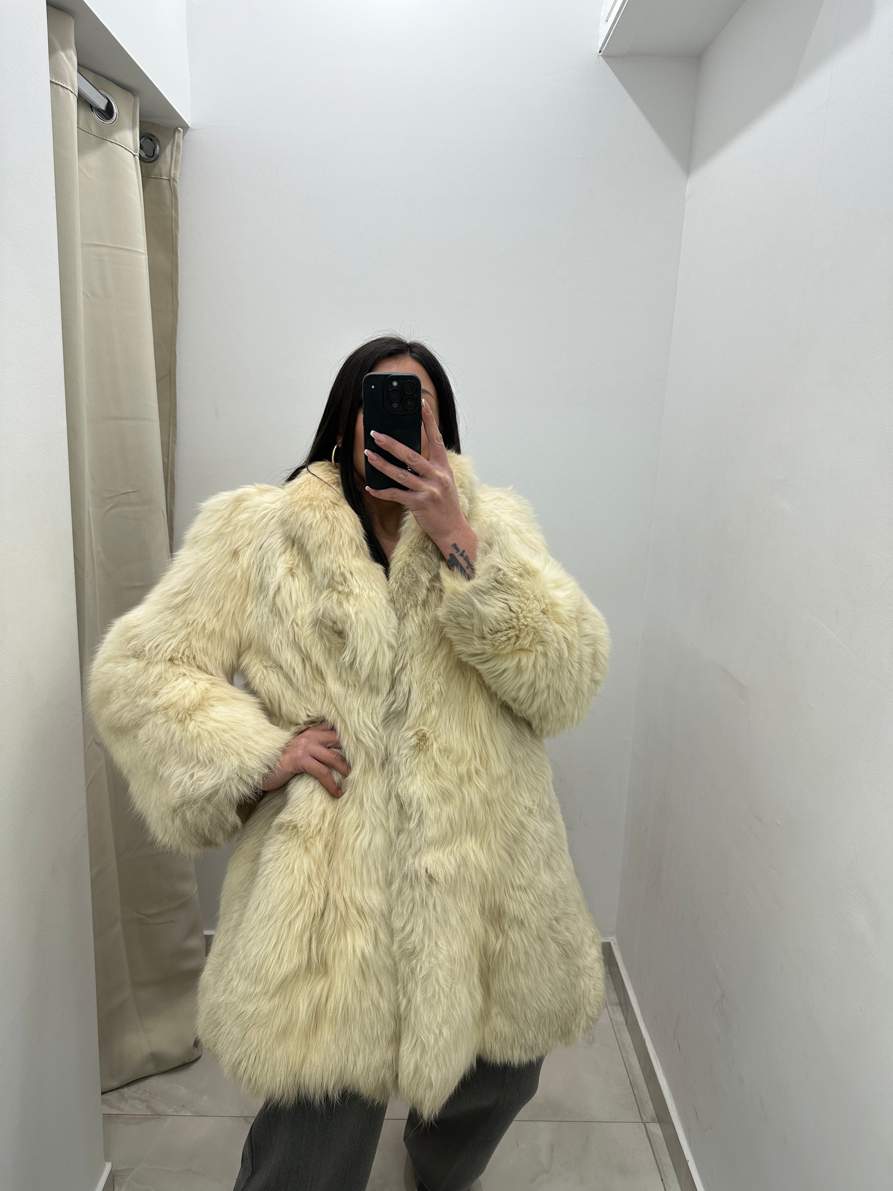 Pelliccia vera vintage di volpe panna