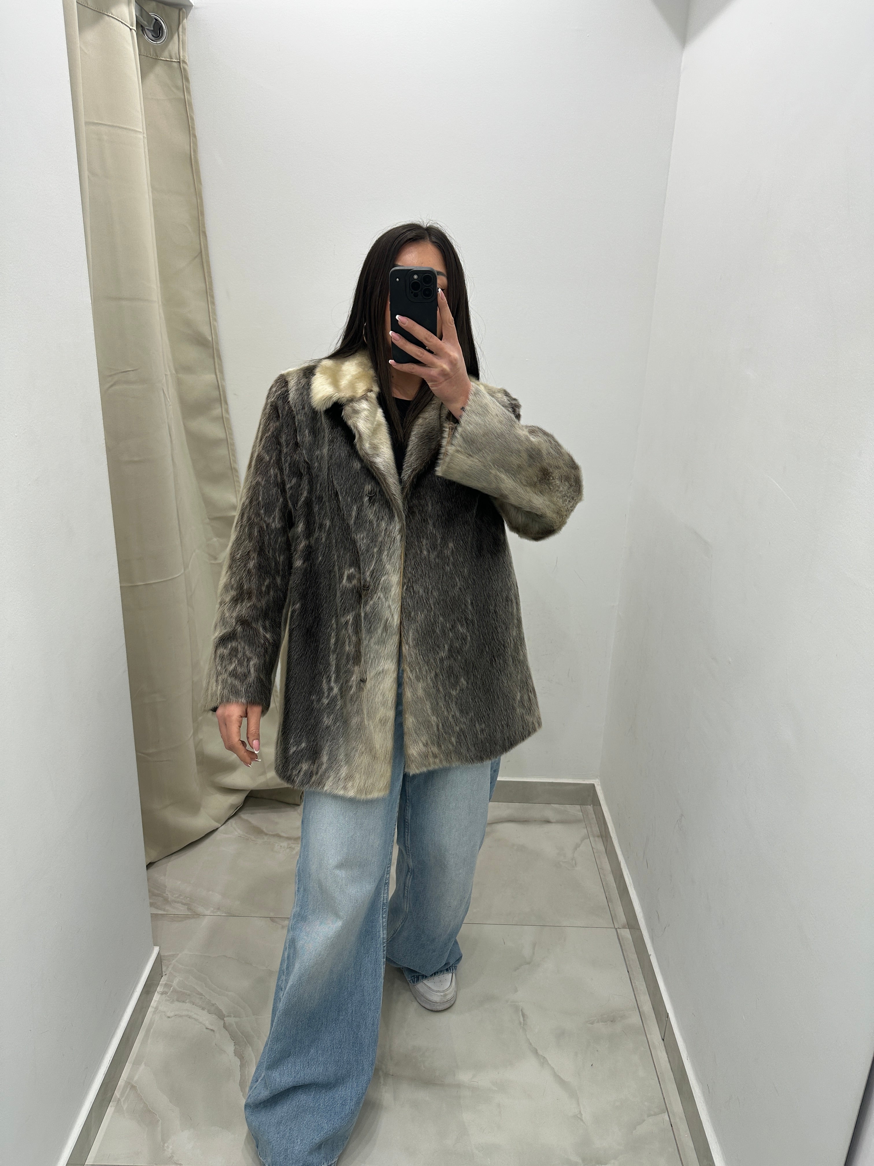 Pelliccia vera vintage animalier grigio ghiaccio