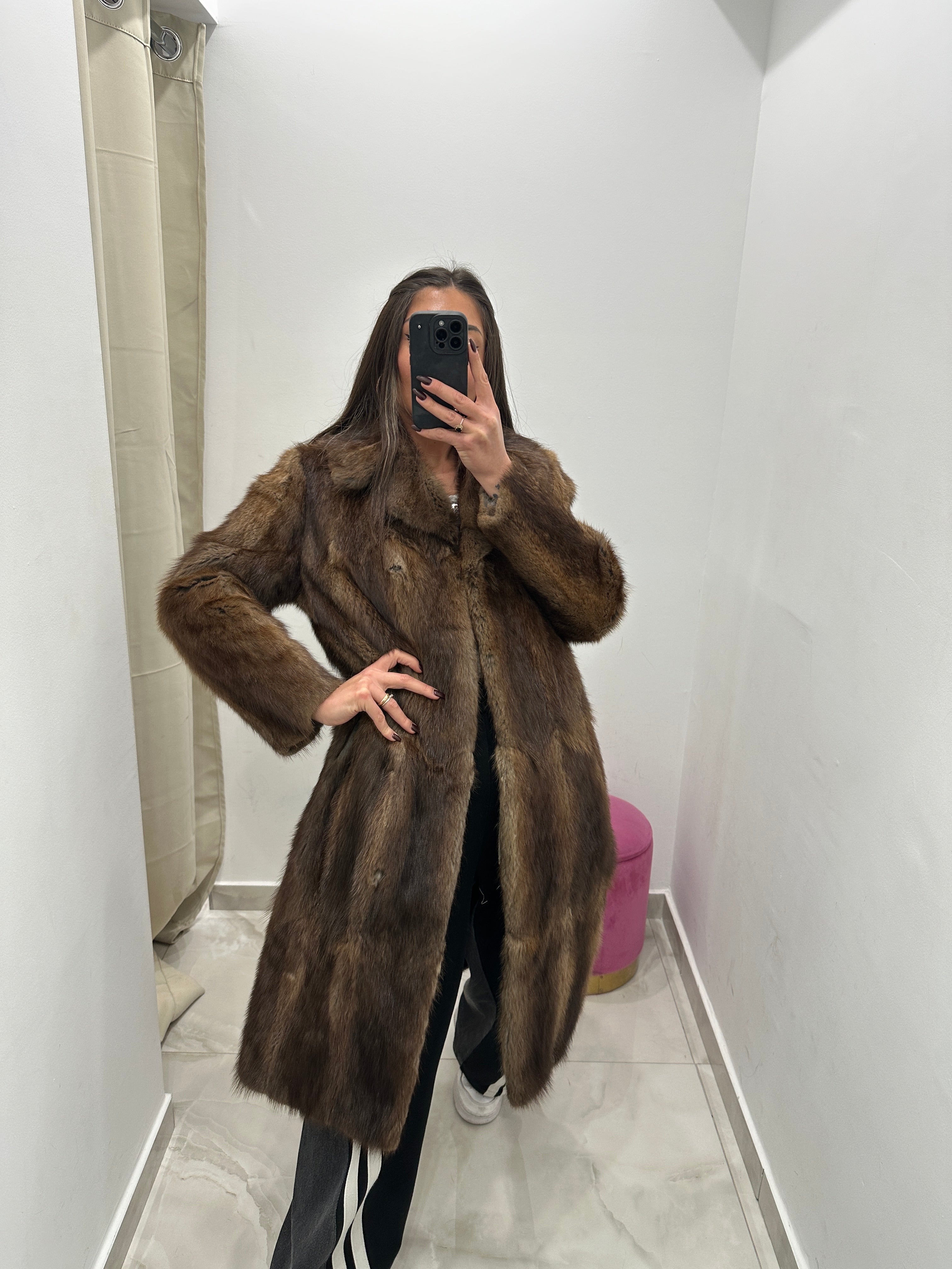 Pelliccia vera vintage lunga marrone con sfumature