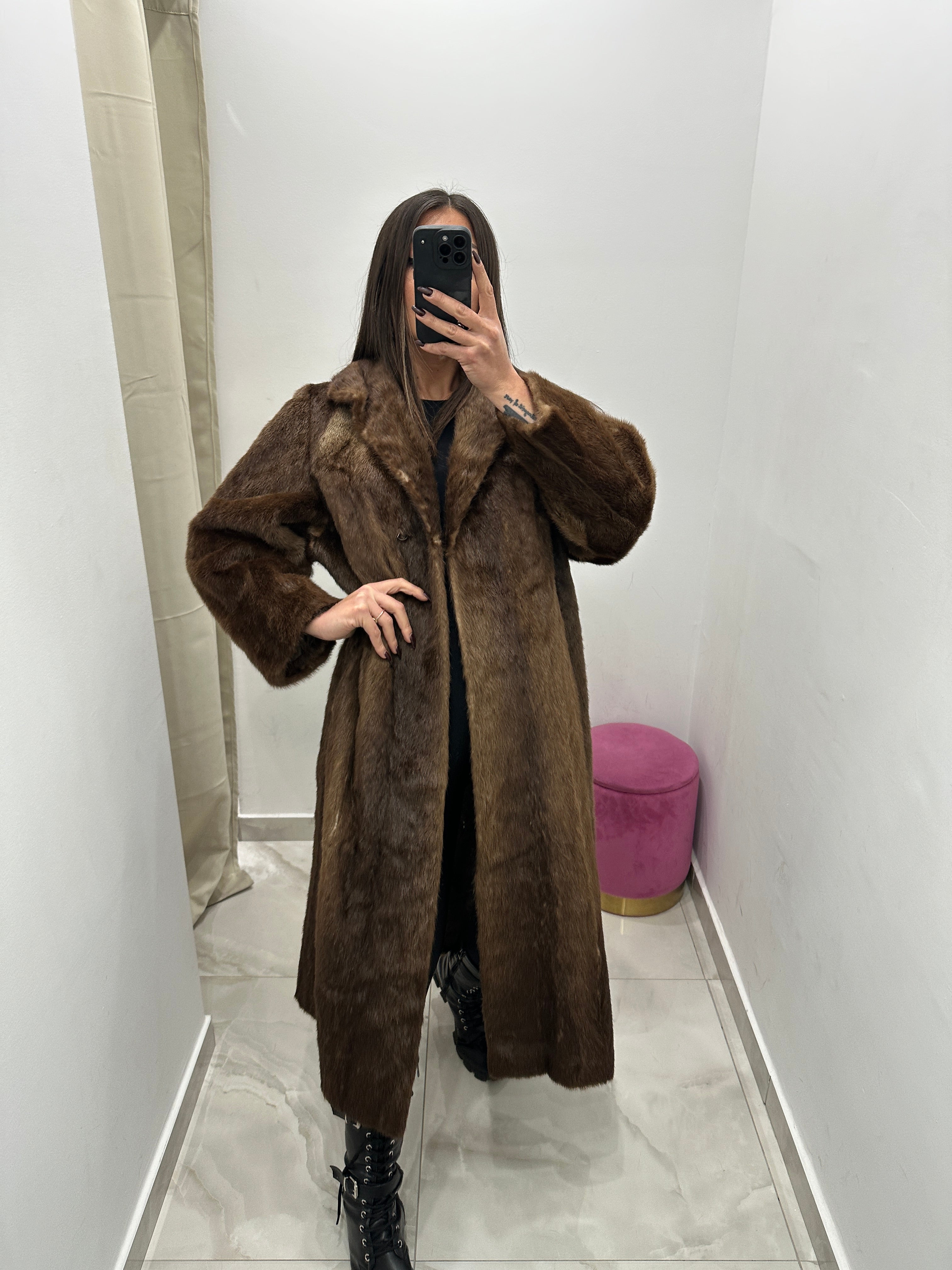 Pelliccia vera vintage marrone lunga