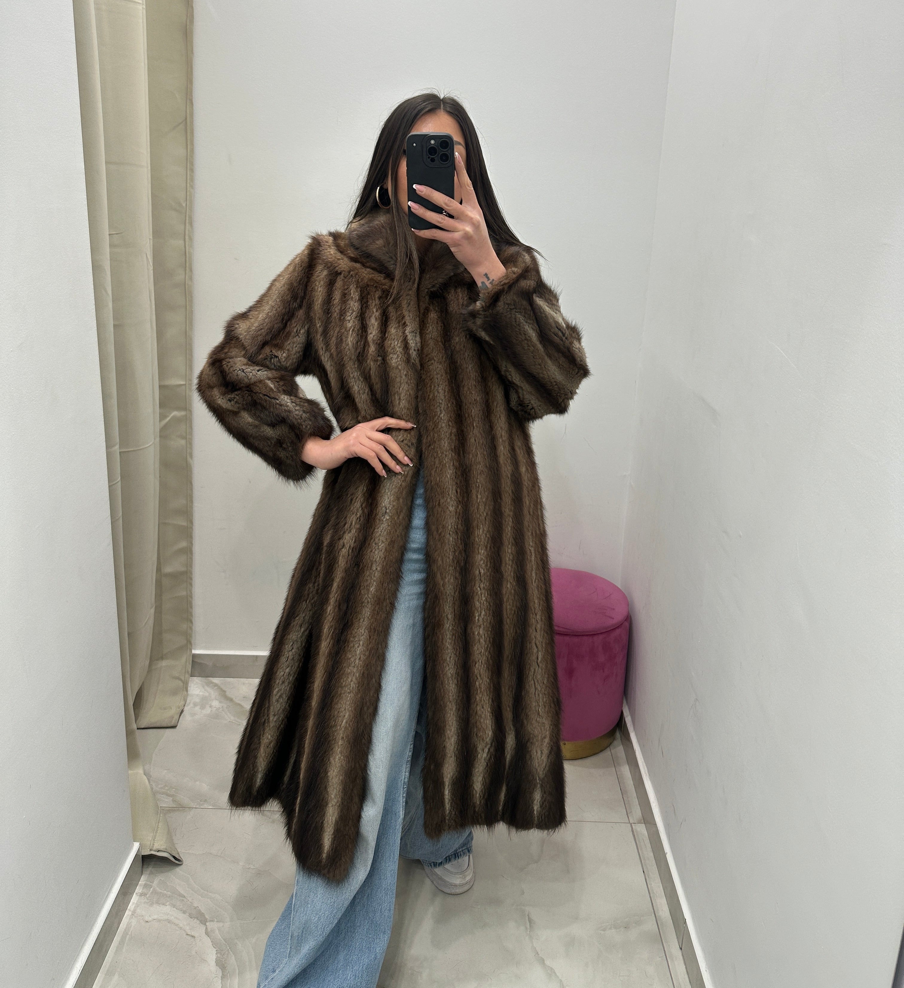 Pelliccia vera vintage bicolor a strisce