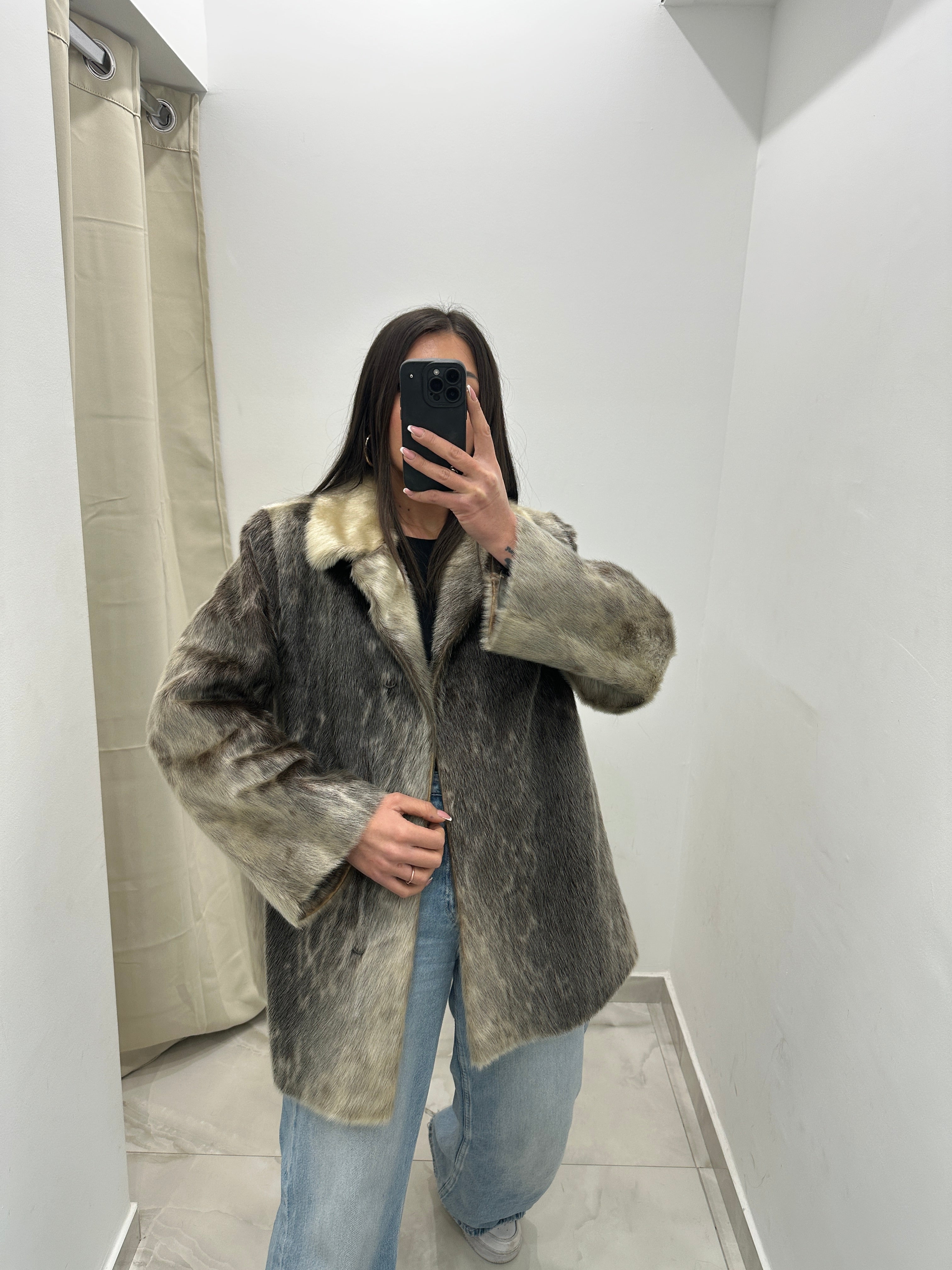 Pelliccia vera vintage animalier grigio ghiaccio