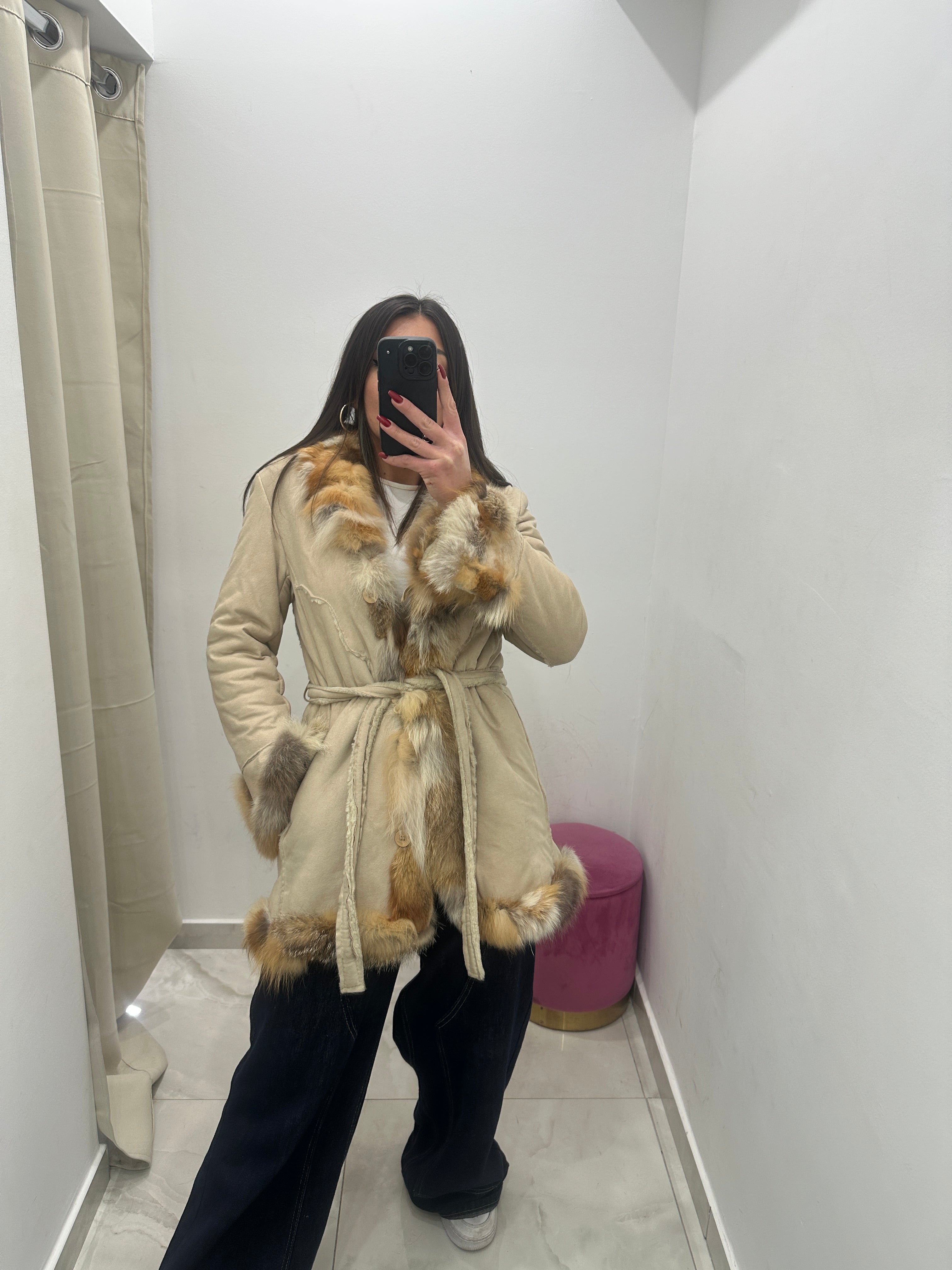 Cappotto con dettagli in pelliccia vera vintage beige