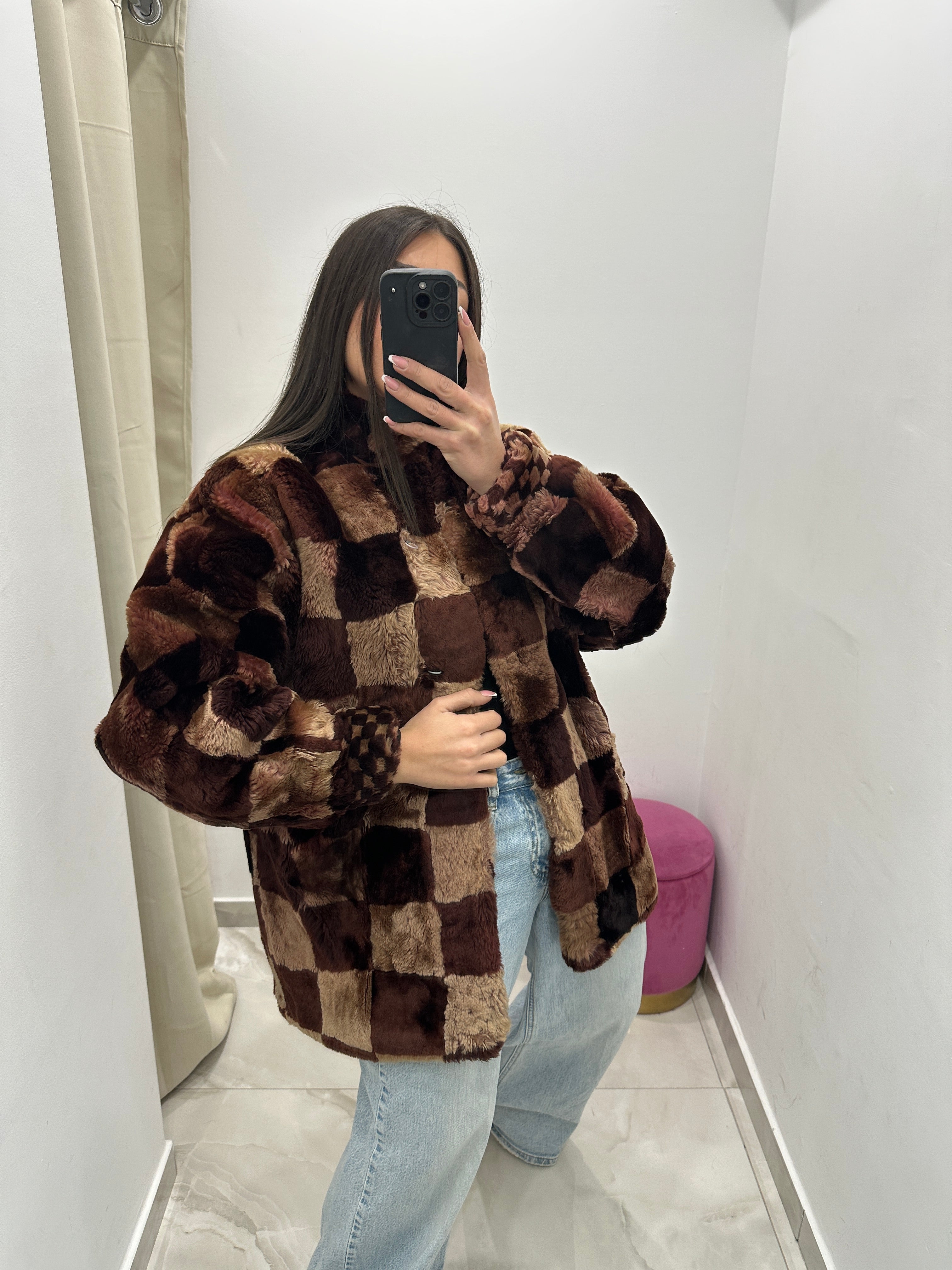 Pelliccia vera vintage in promo a scacchi rosè