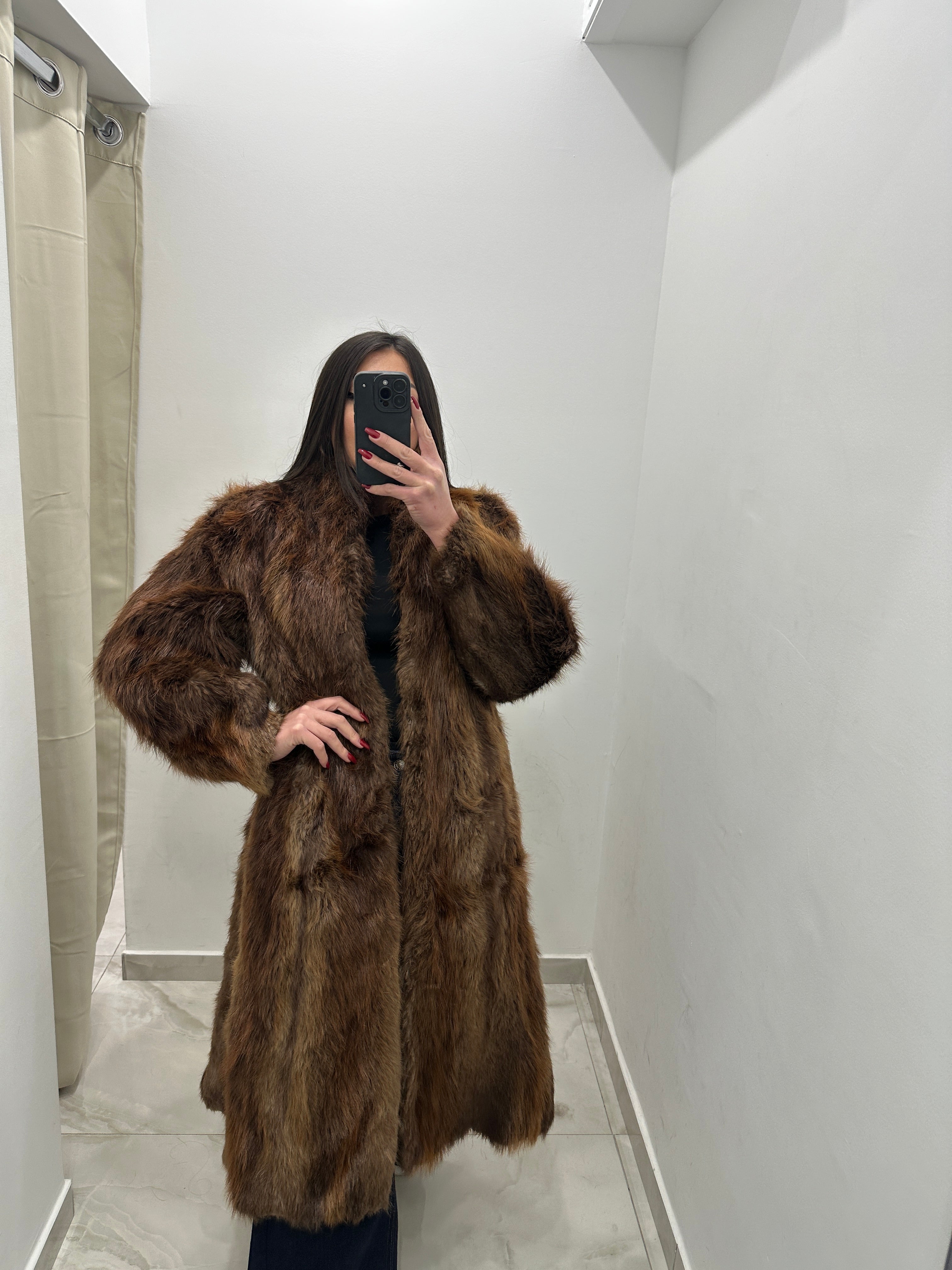 Pelliccia vera vintage miele scuro lunga