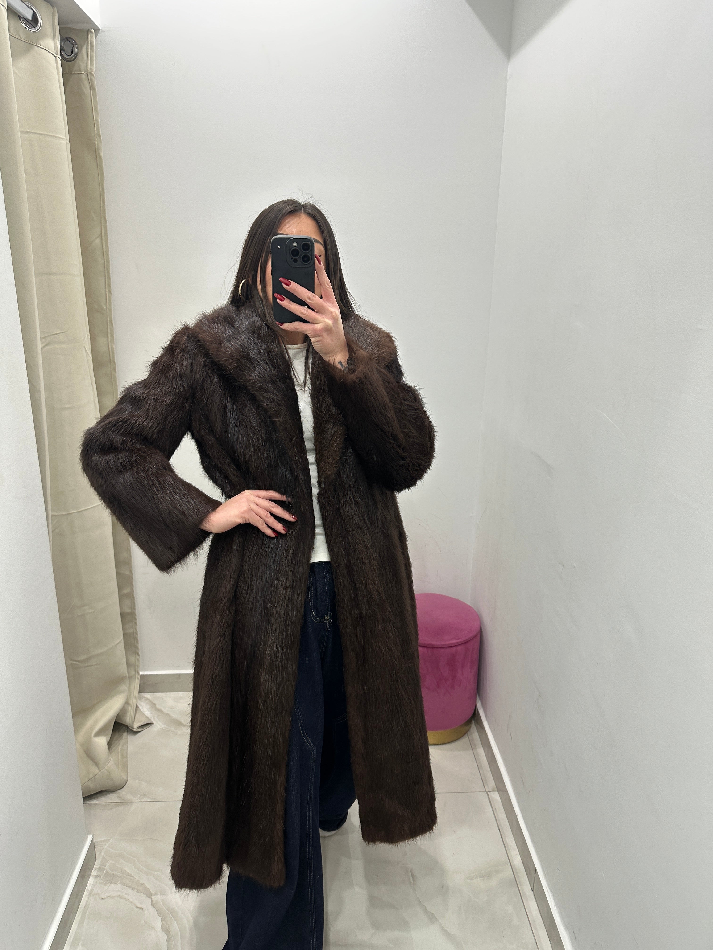 Pelliccia vera vintage marrone lunga