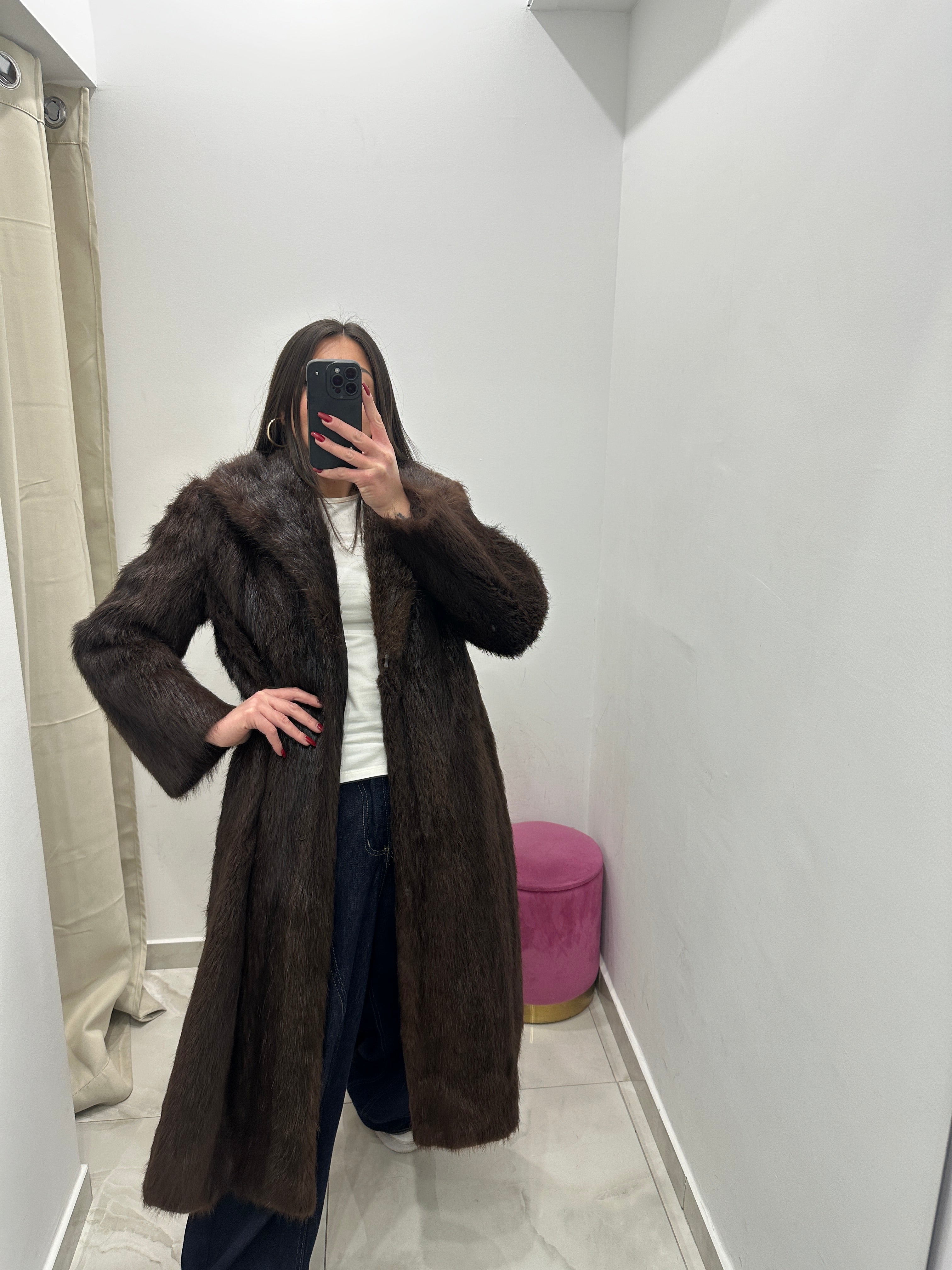Pelliccia vera vintage marrone lunga