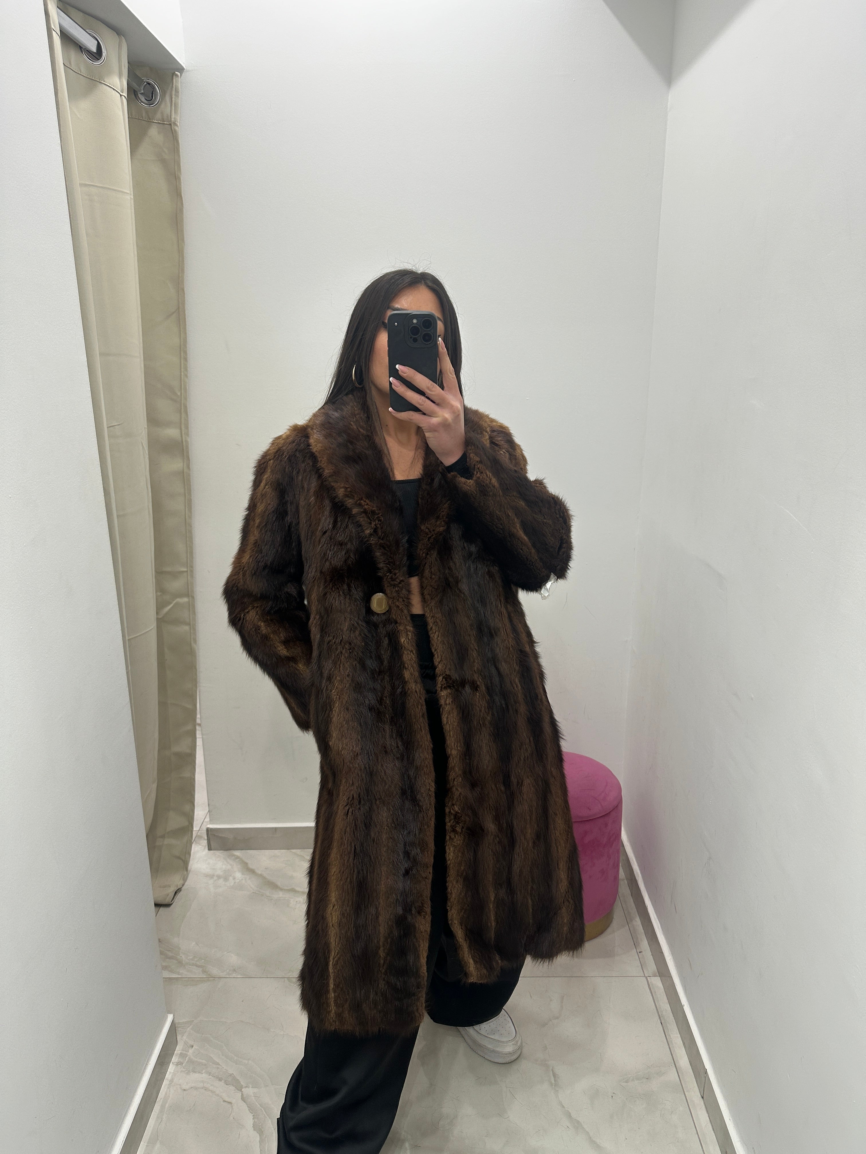 Pelliccia vera vintage marrone lunga