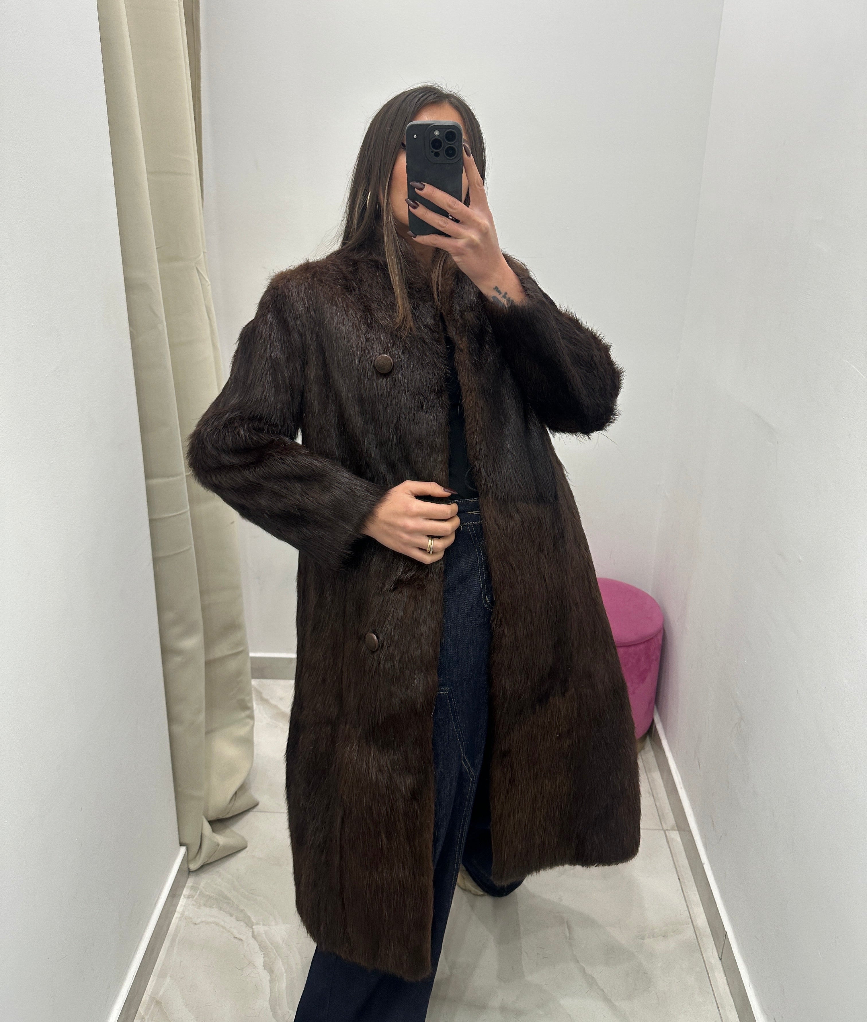 Pelliccia vera vintage marrone lunga