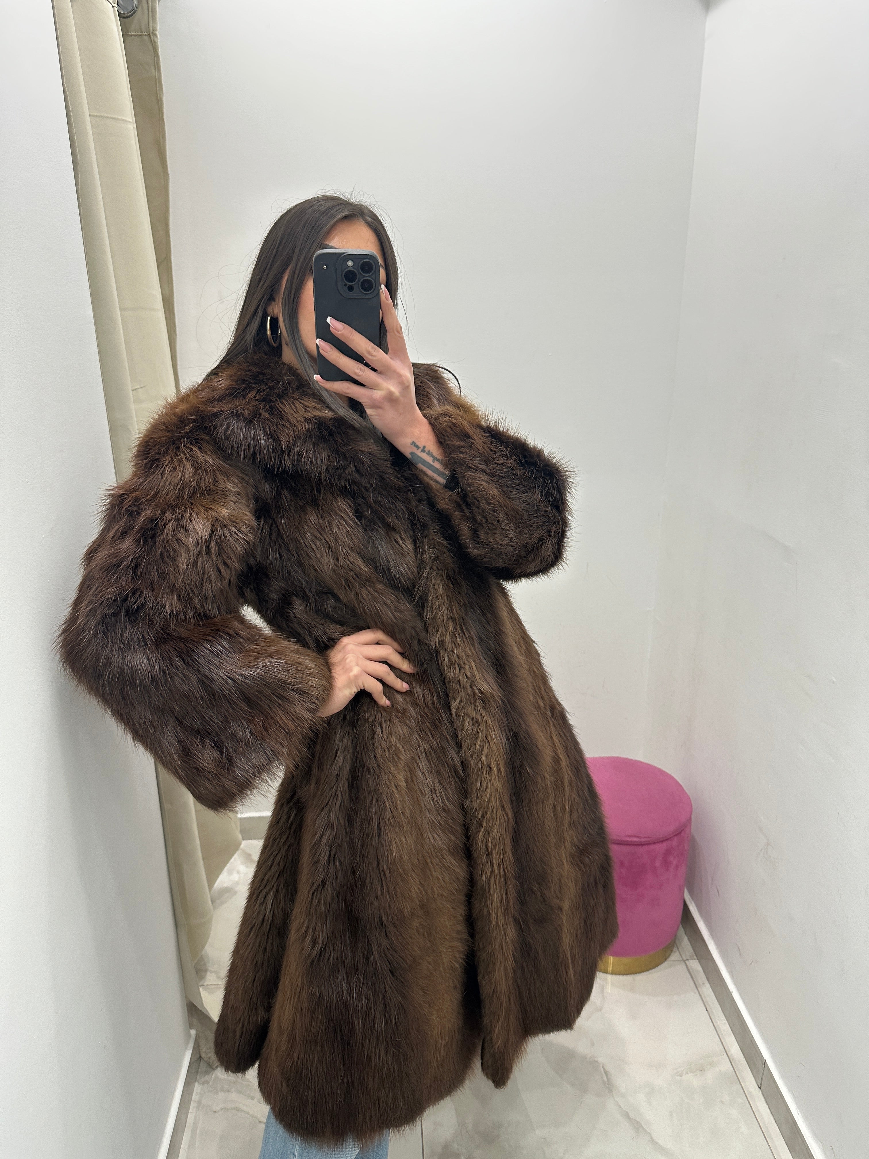 Pelliccia vera vintage marrone lunga