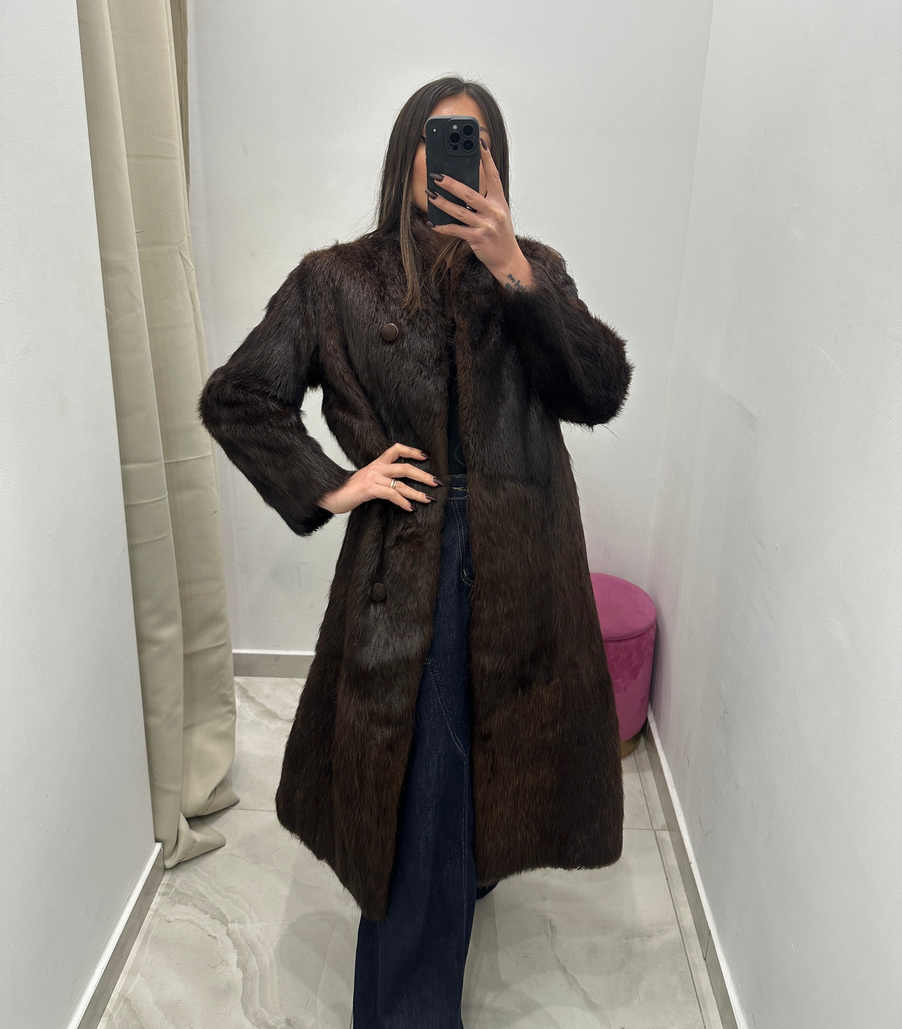 Pelliccia vera vintage marrone lunga