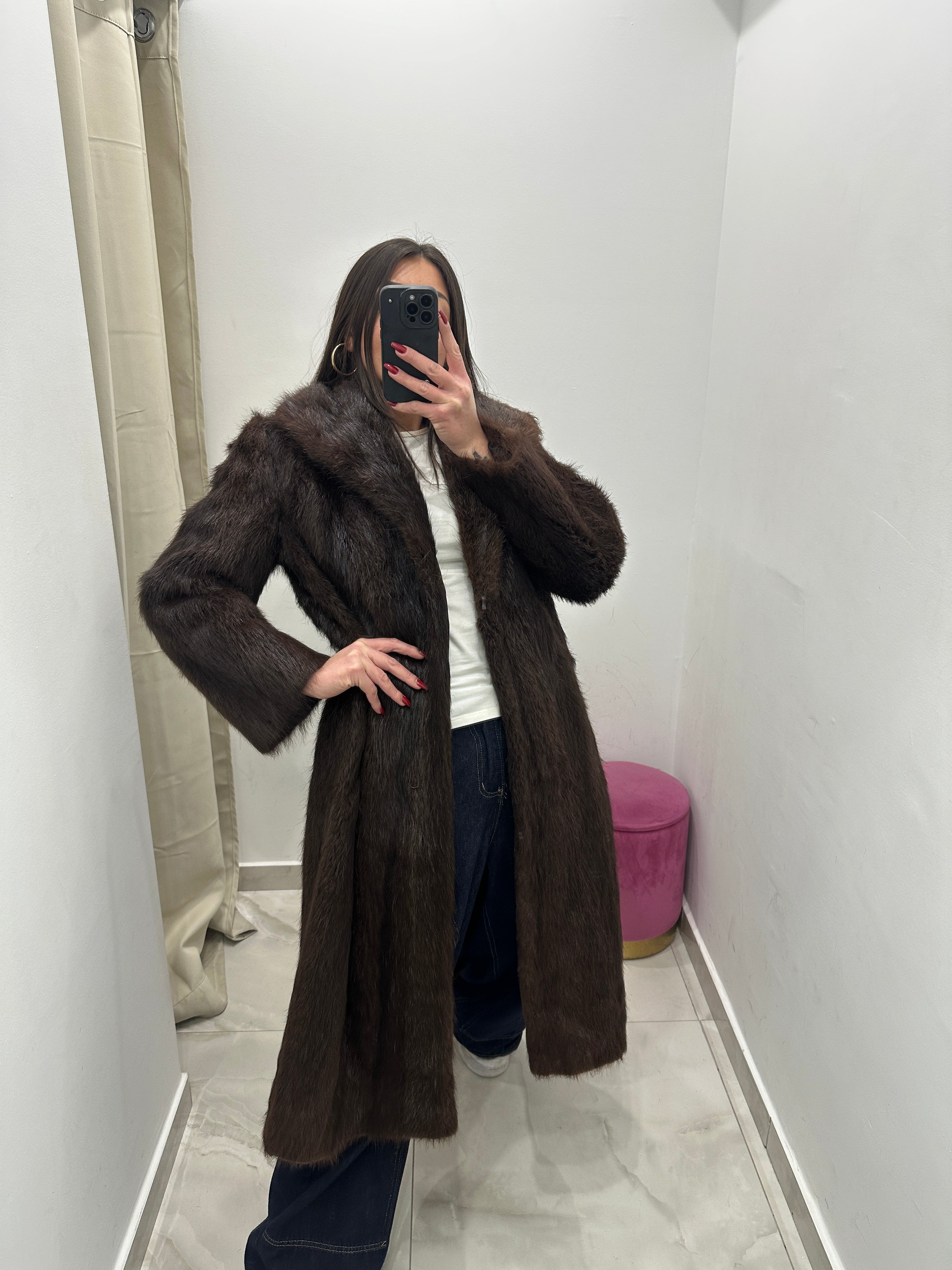 Pelliccia vera vintage marrone lunga