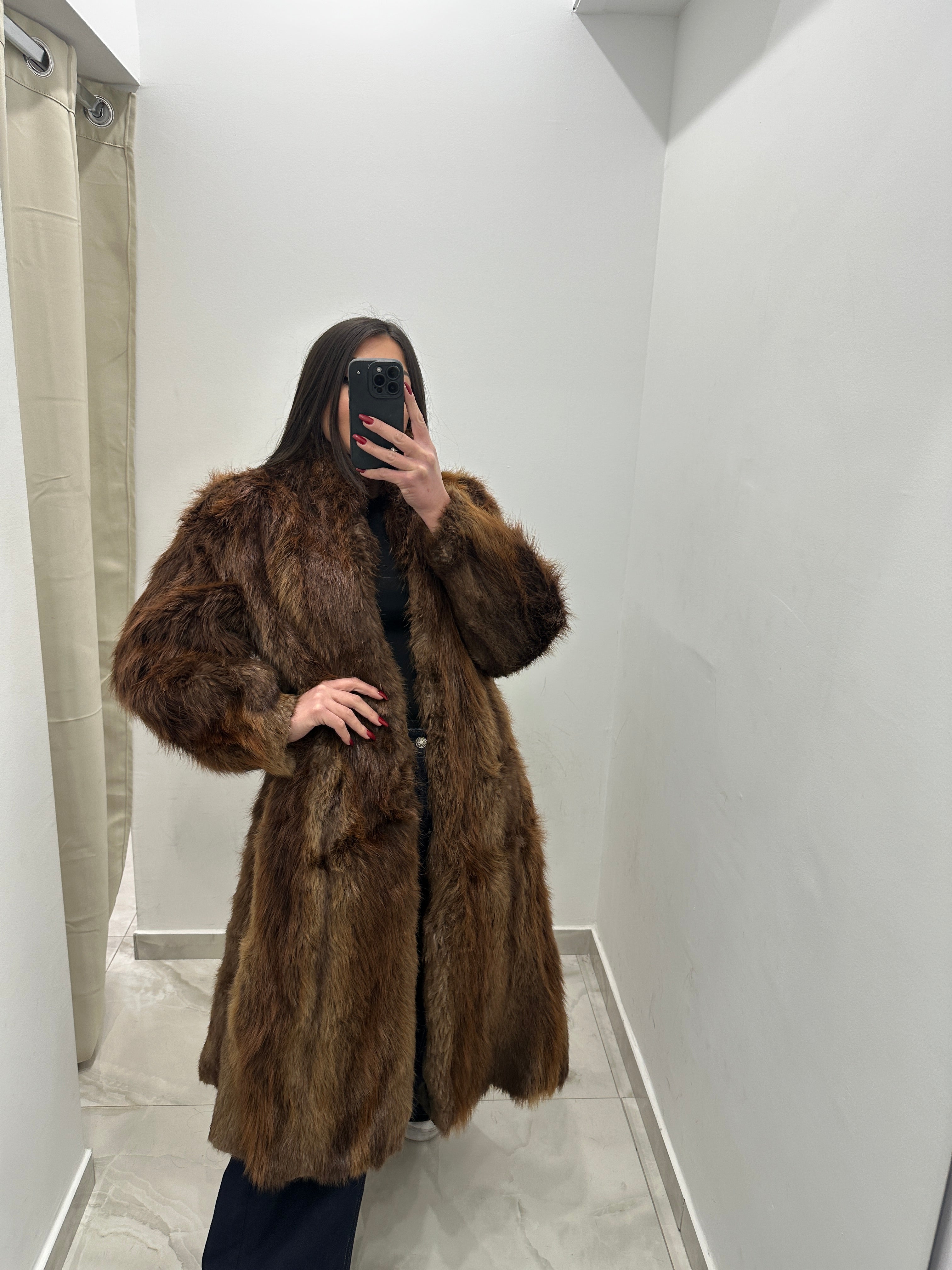 Pelliccia vera vintage miele scuro lunga