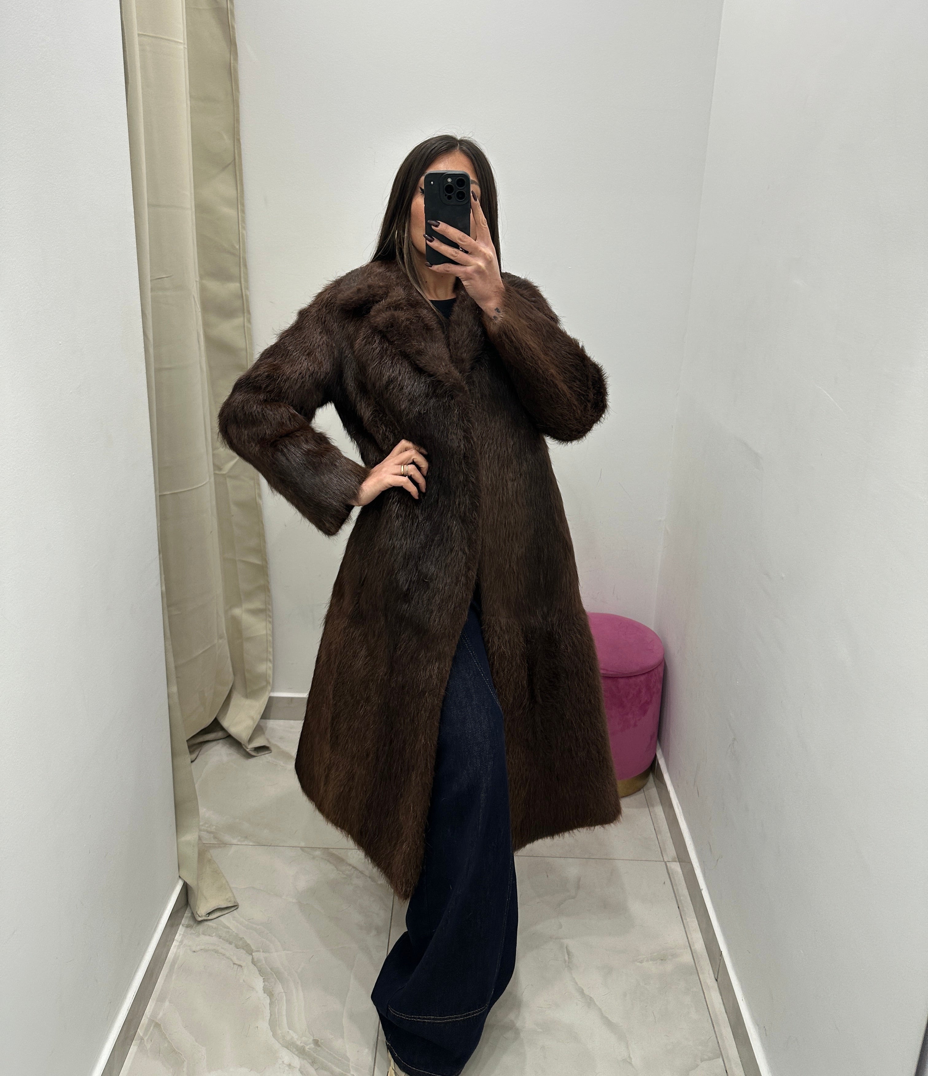 Pelliccia vera vintage marrone lunga