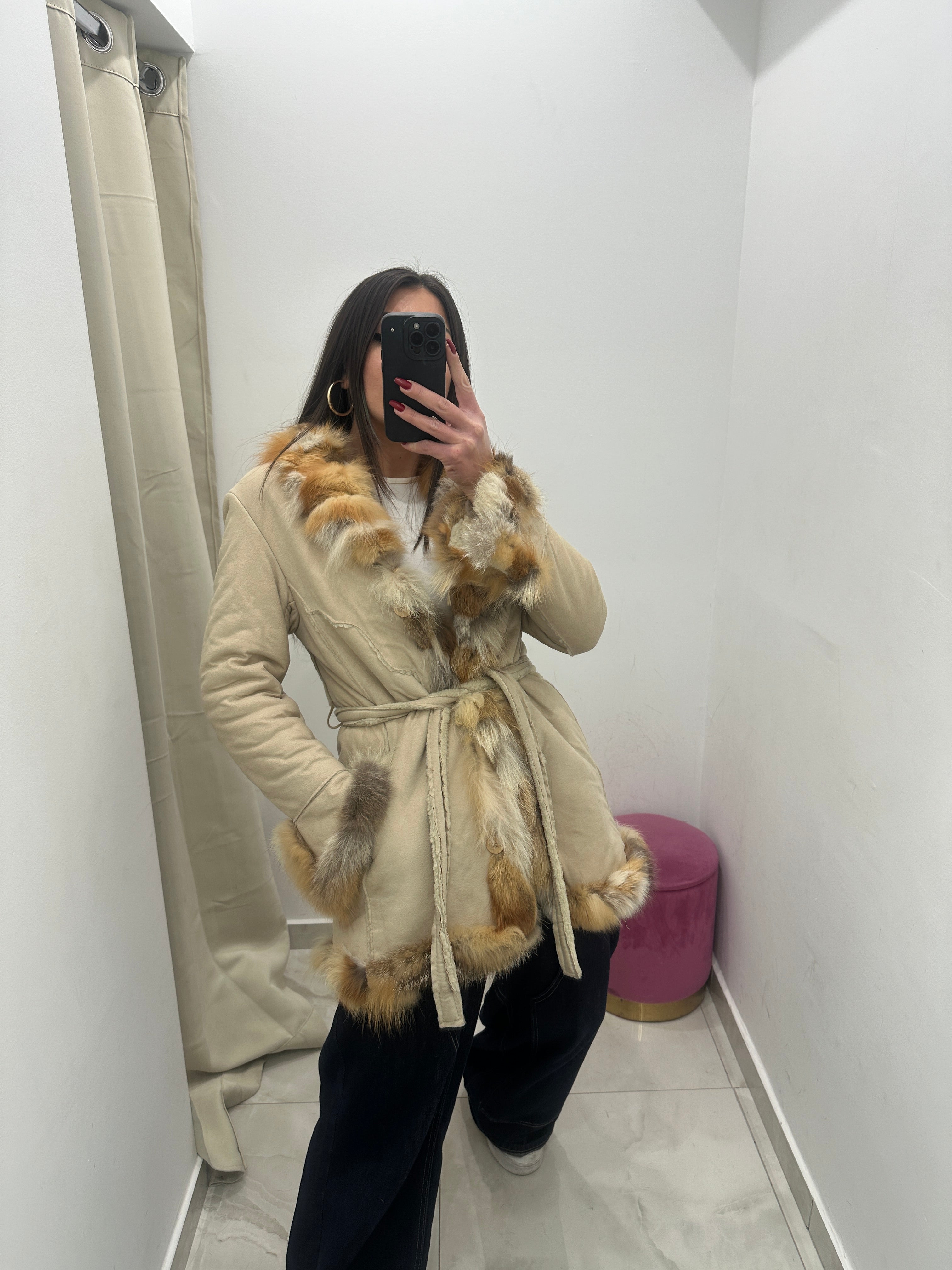 Cappotto con dettagli in pelliccia vera vintage beige