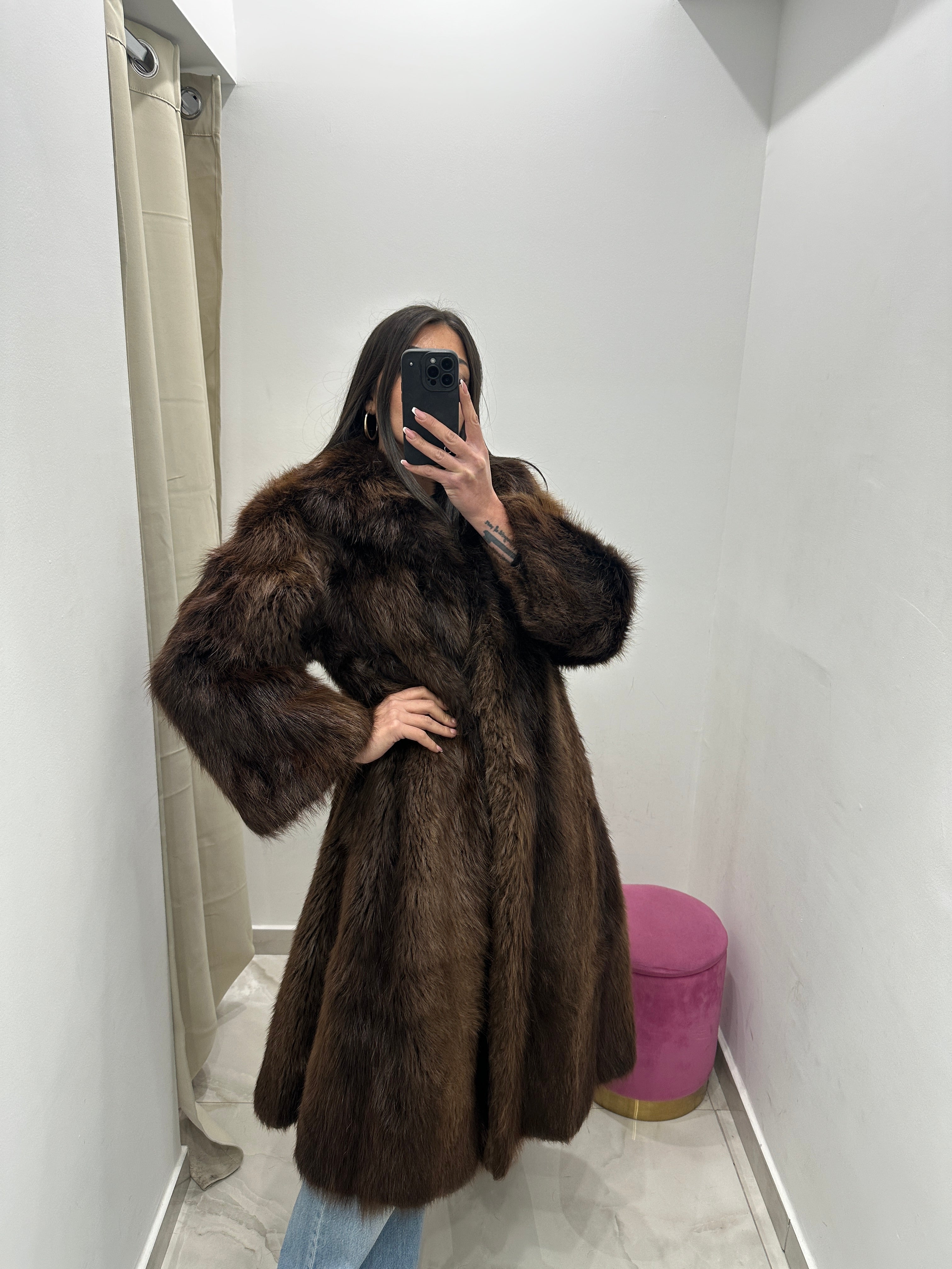 Pelliccia vera vintage marrone lunga