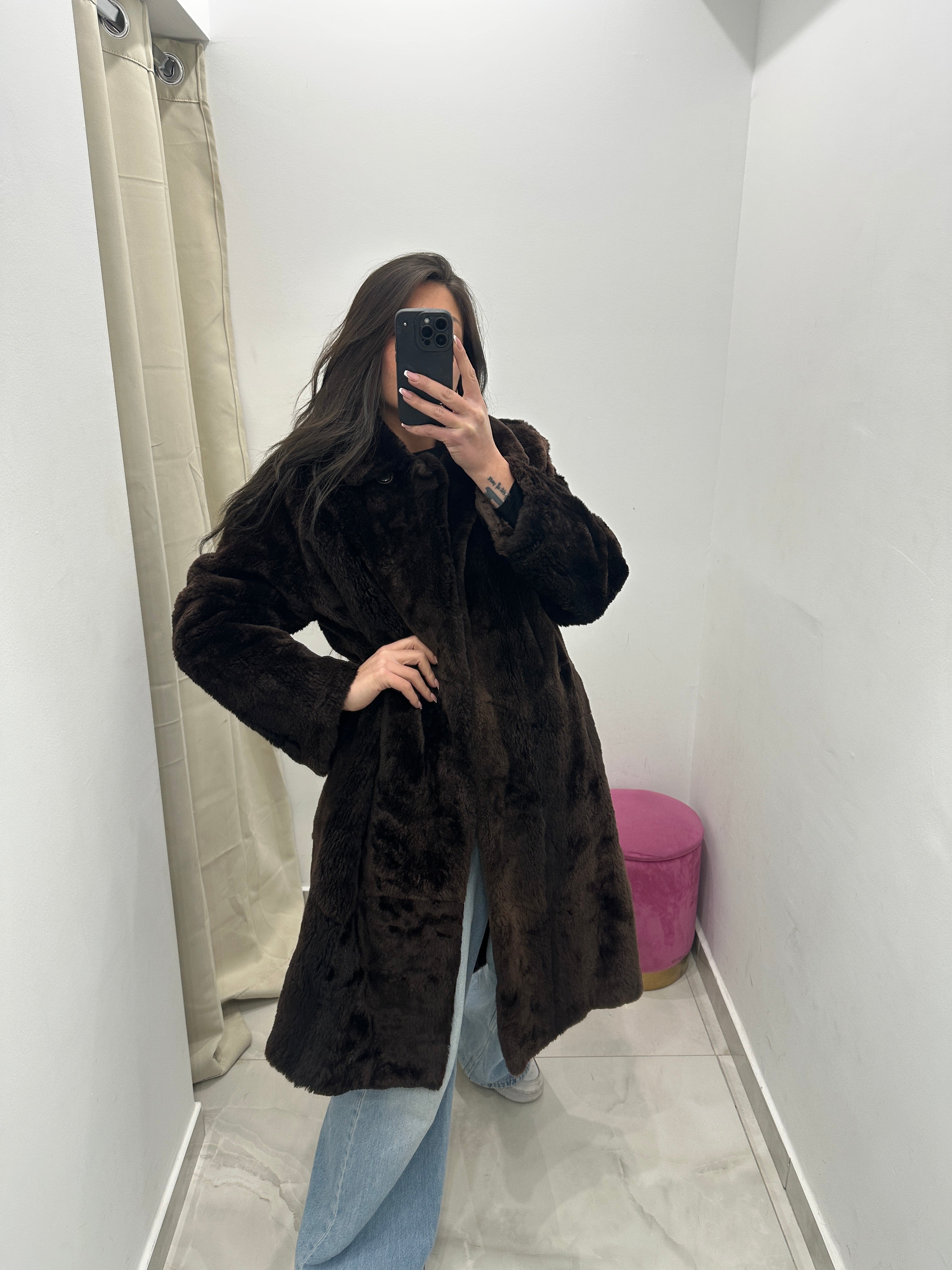 Pelliccia vera vintage marrone scuro lunga