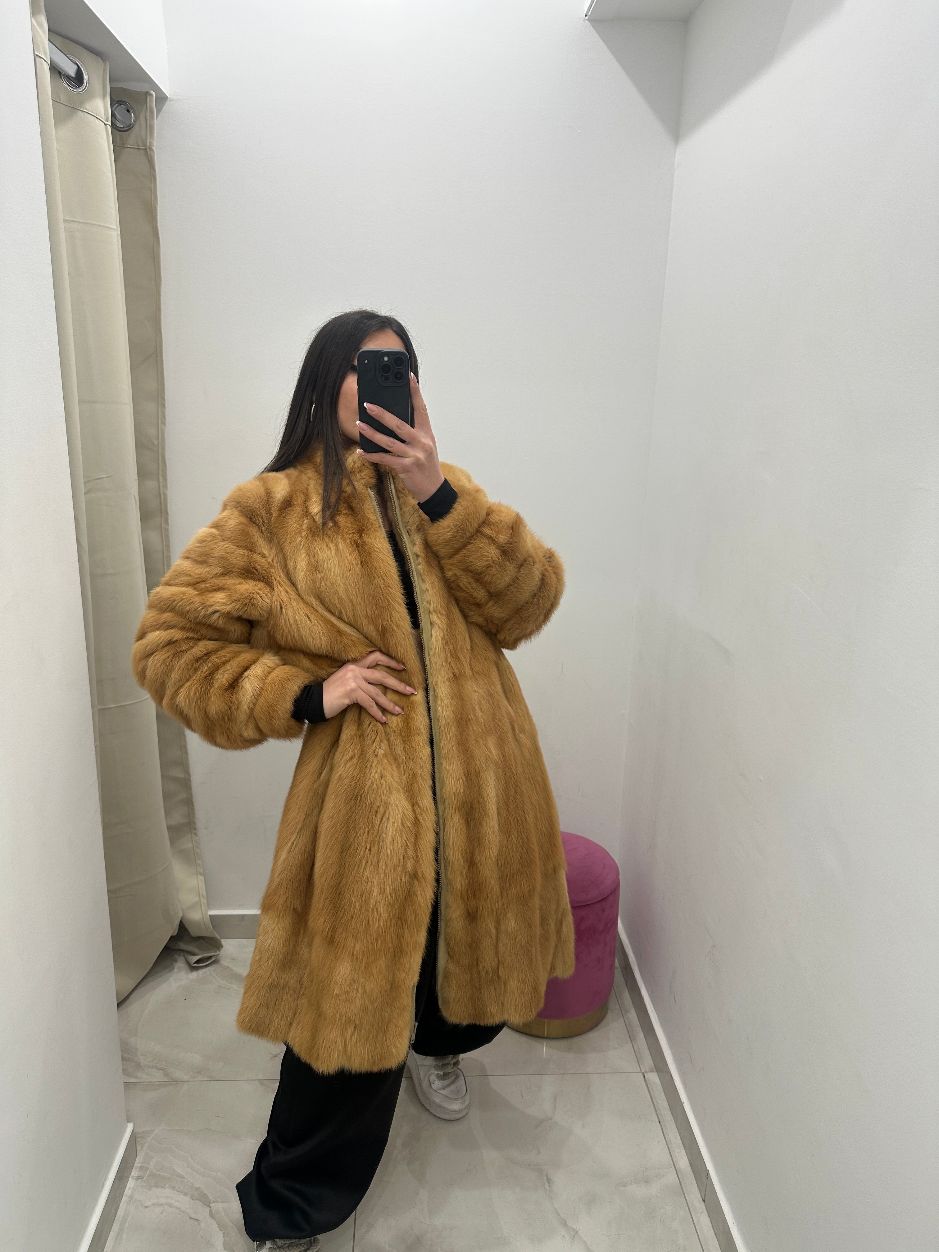 Pelliccia vera vintage miele lunga