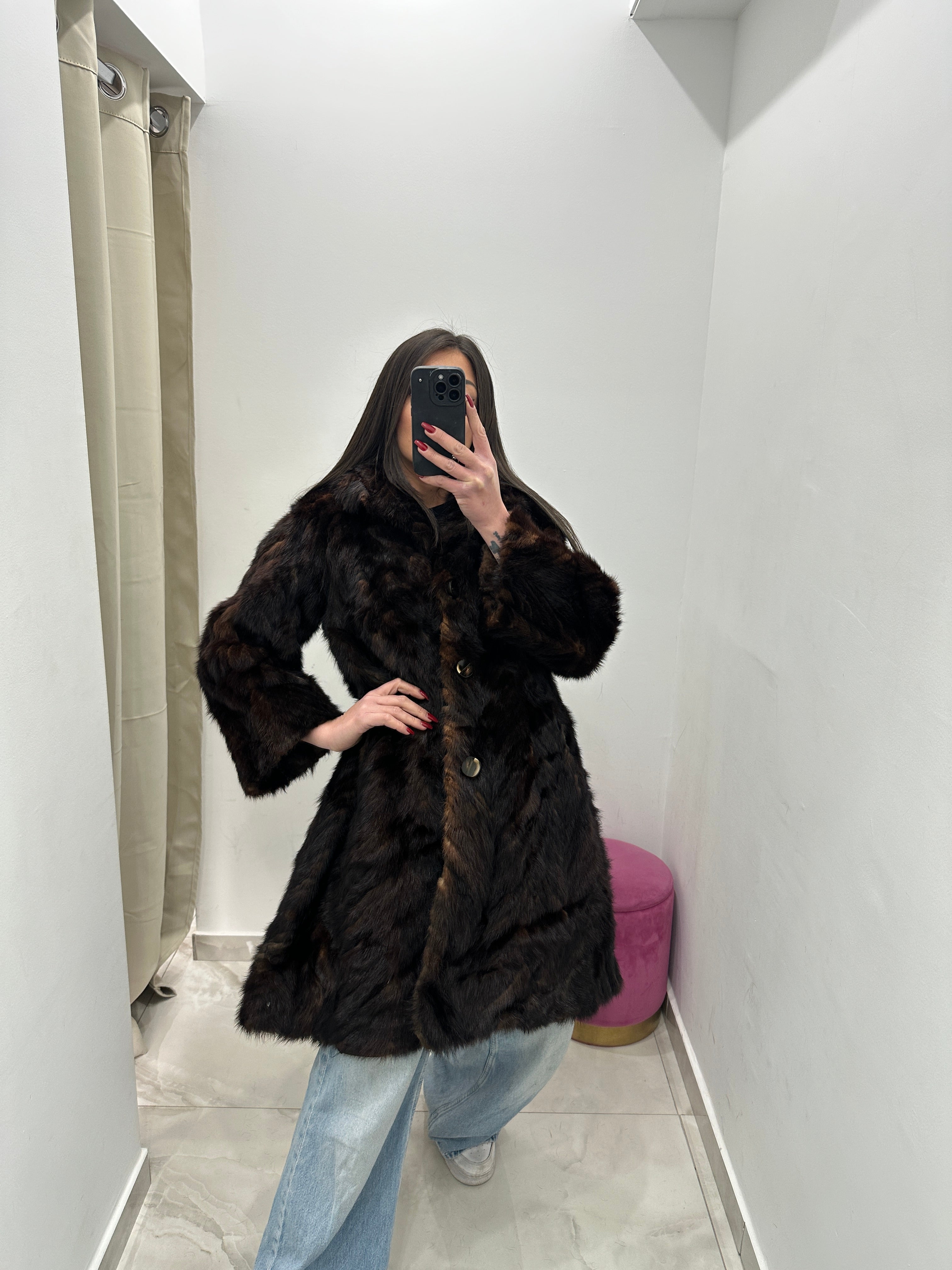 Pelliccia vera vintage marrone di codine di visone
