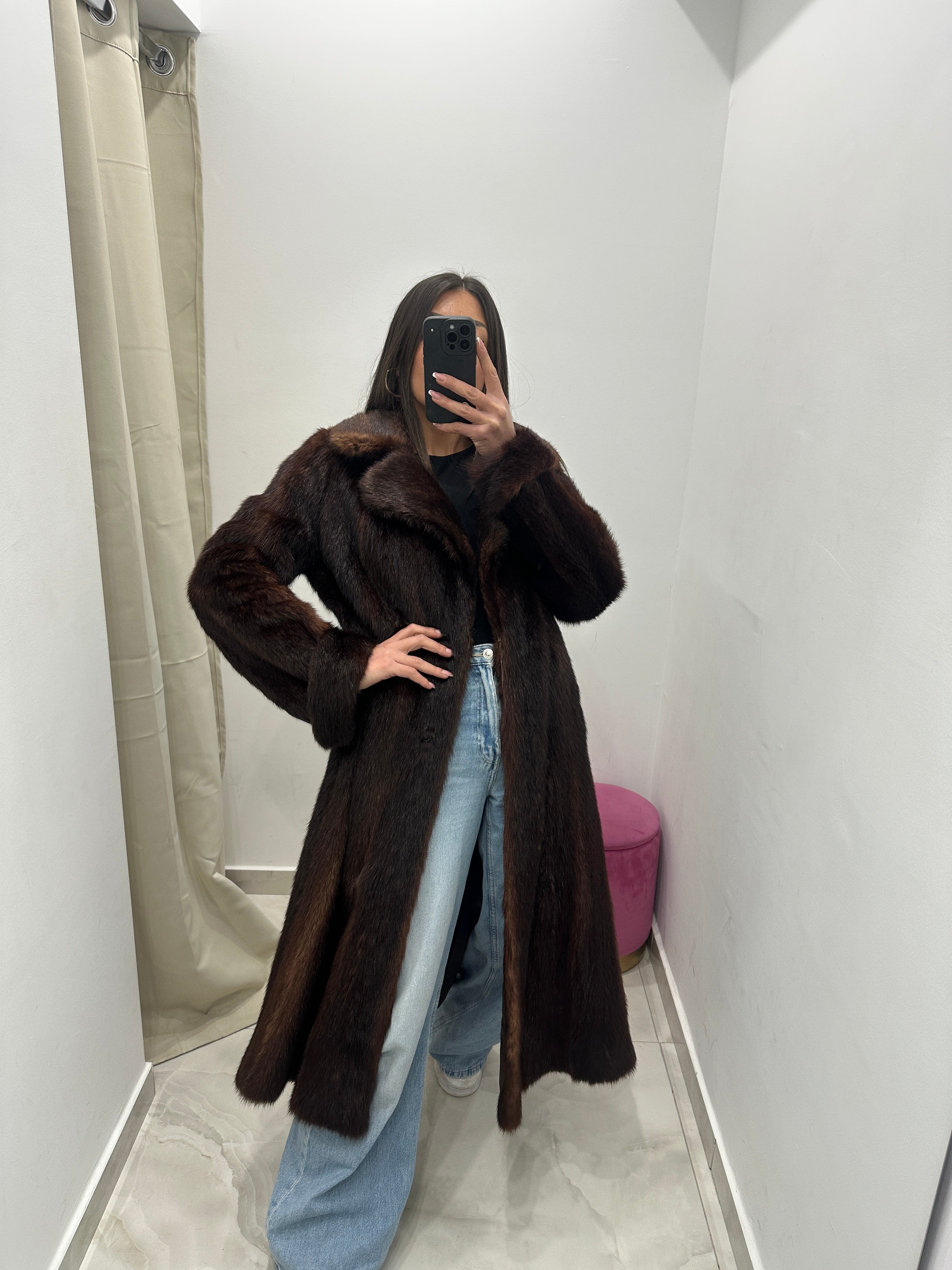 Pelliccia vera vintage marrone lunga